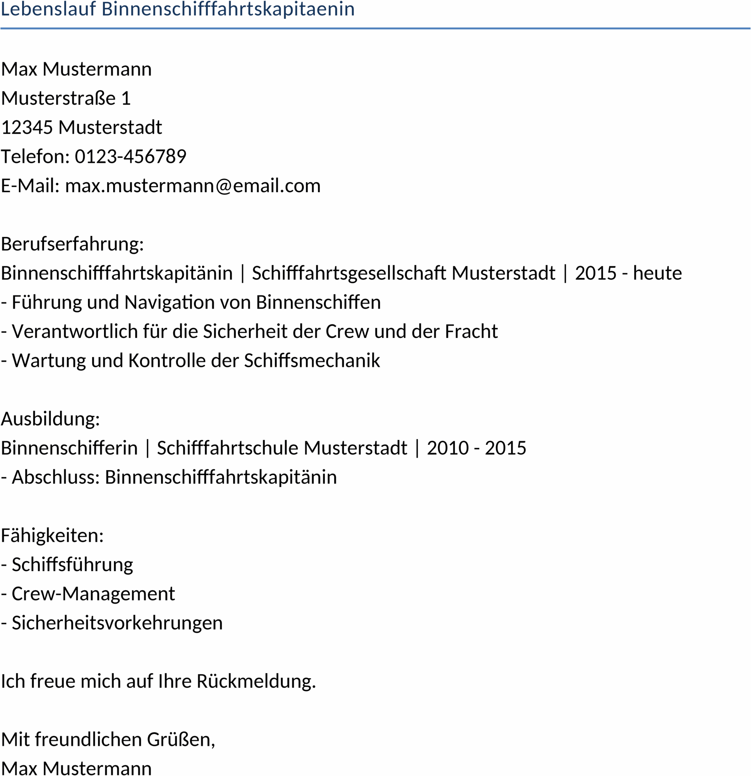 Lebenslauf Binnenschifffahrtskapitaenin Word