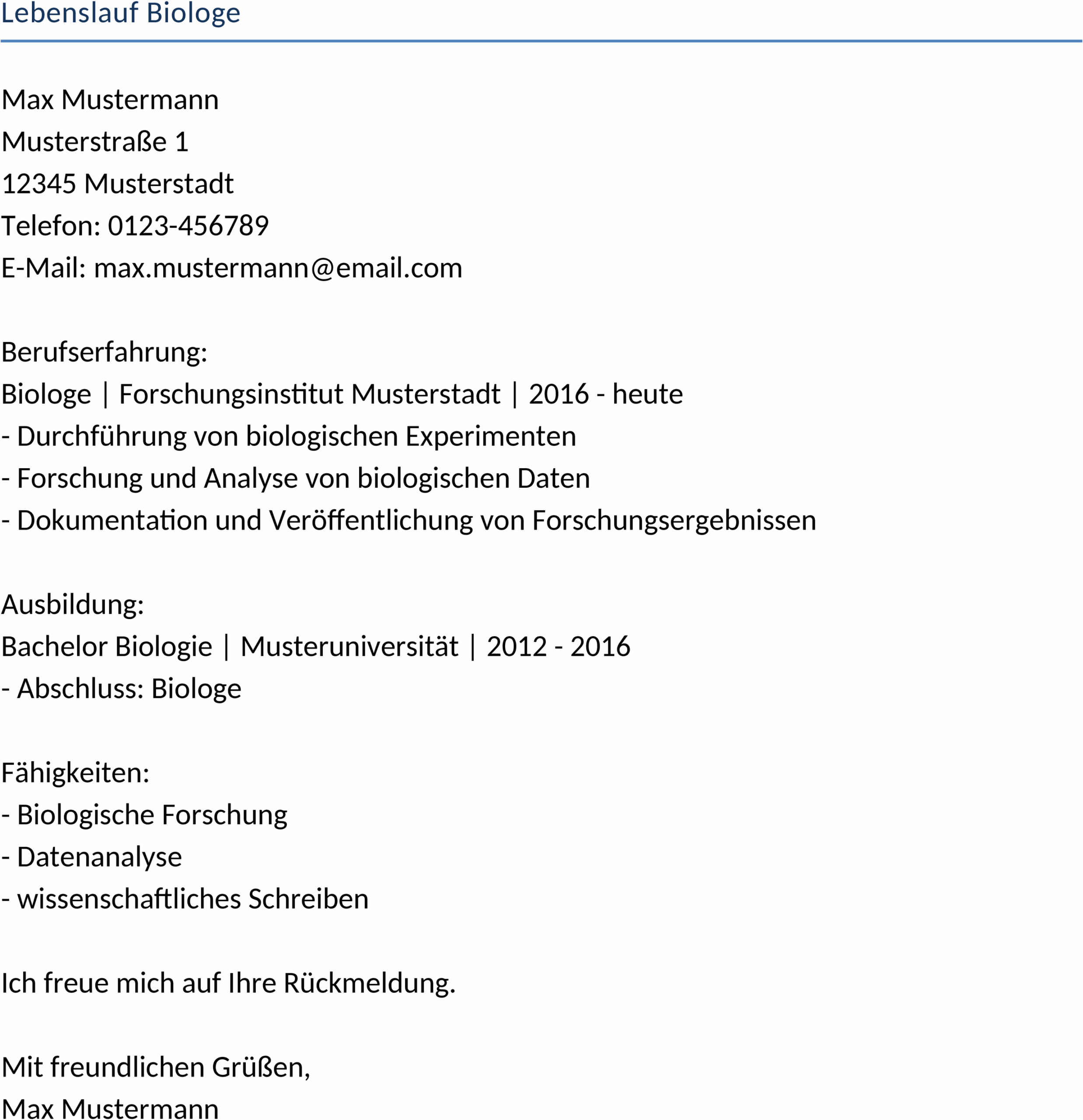 Lebenslauf Vorlage für Biologen im DOCX-Format