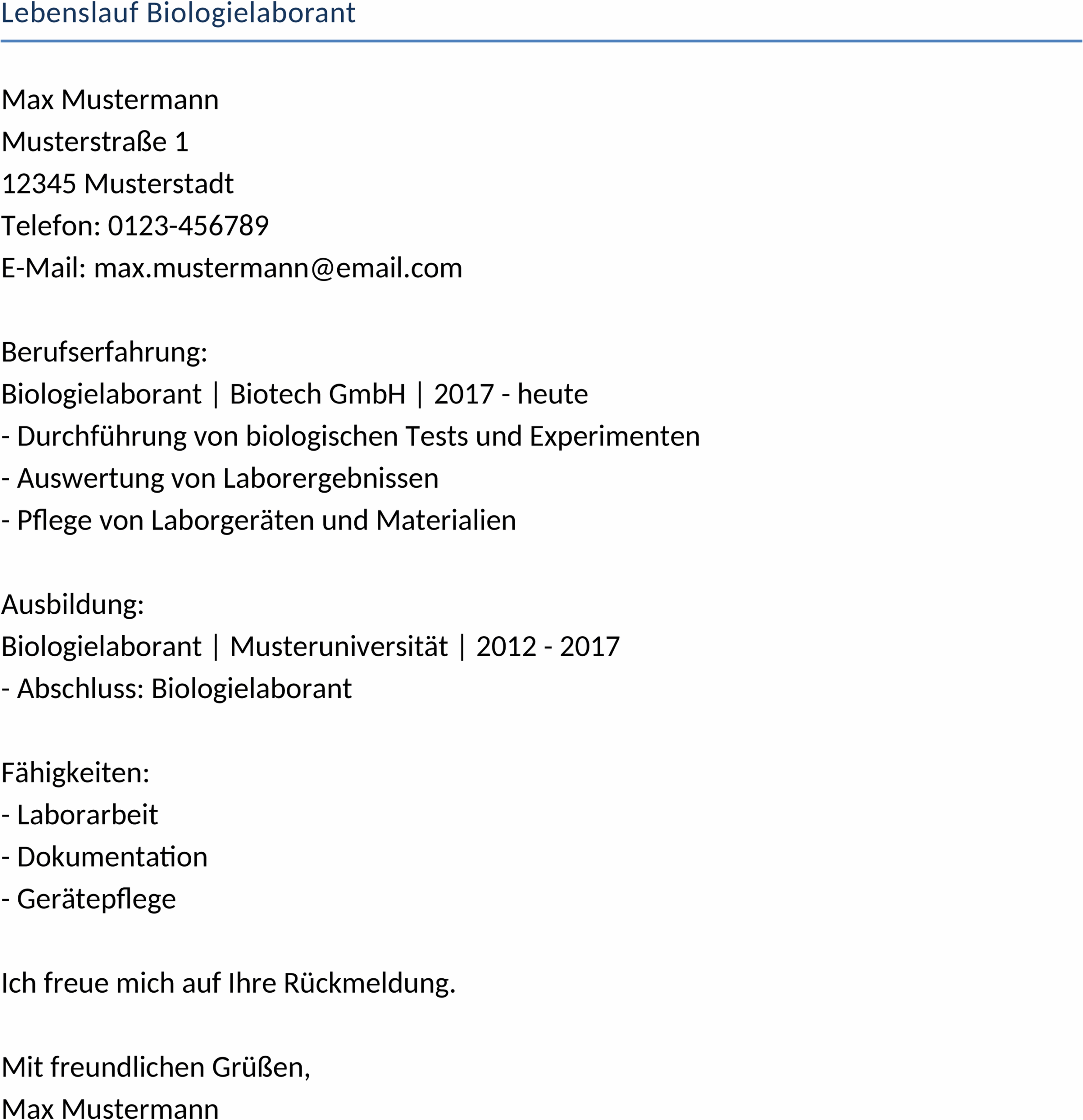 Word-Vorlage Lebenslauf Biologielaborant