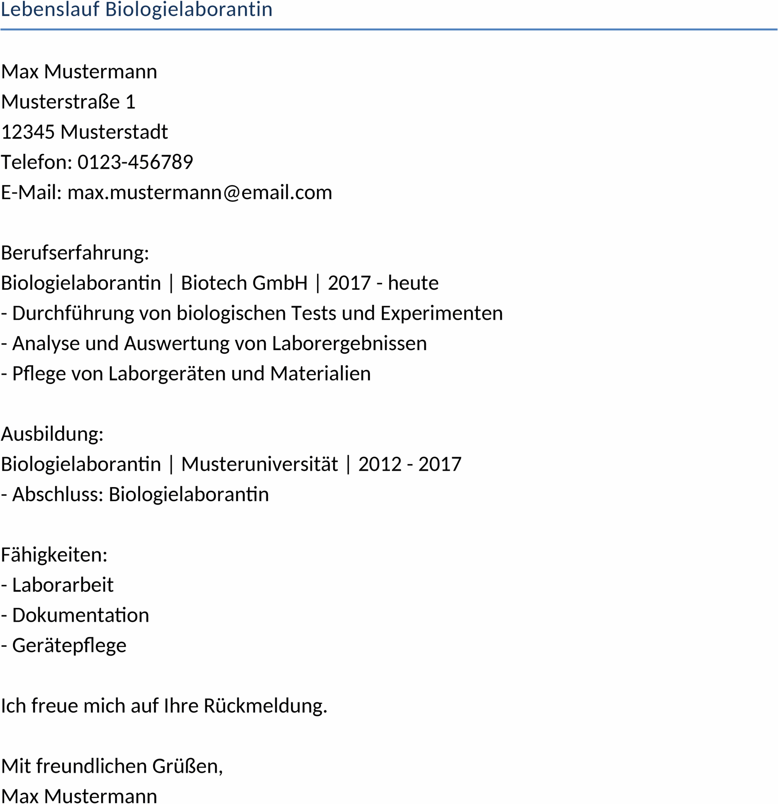 Lebenslauf-Word-Template für Biologielaborantin