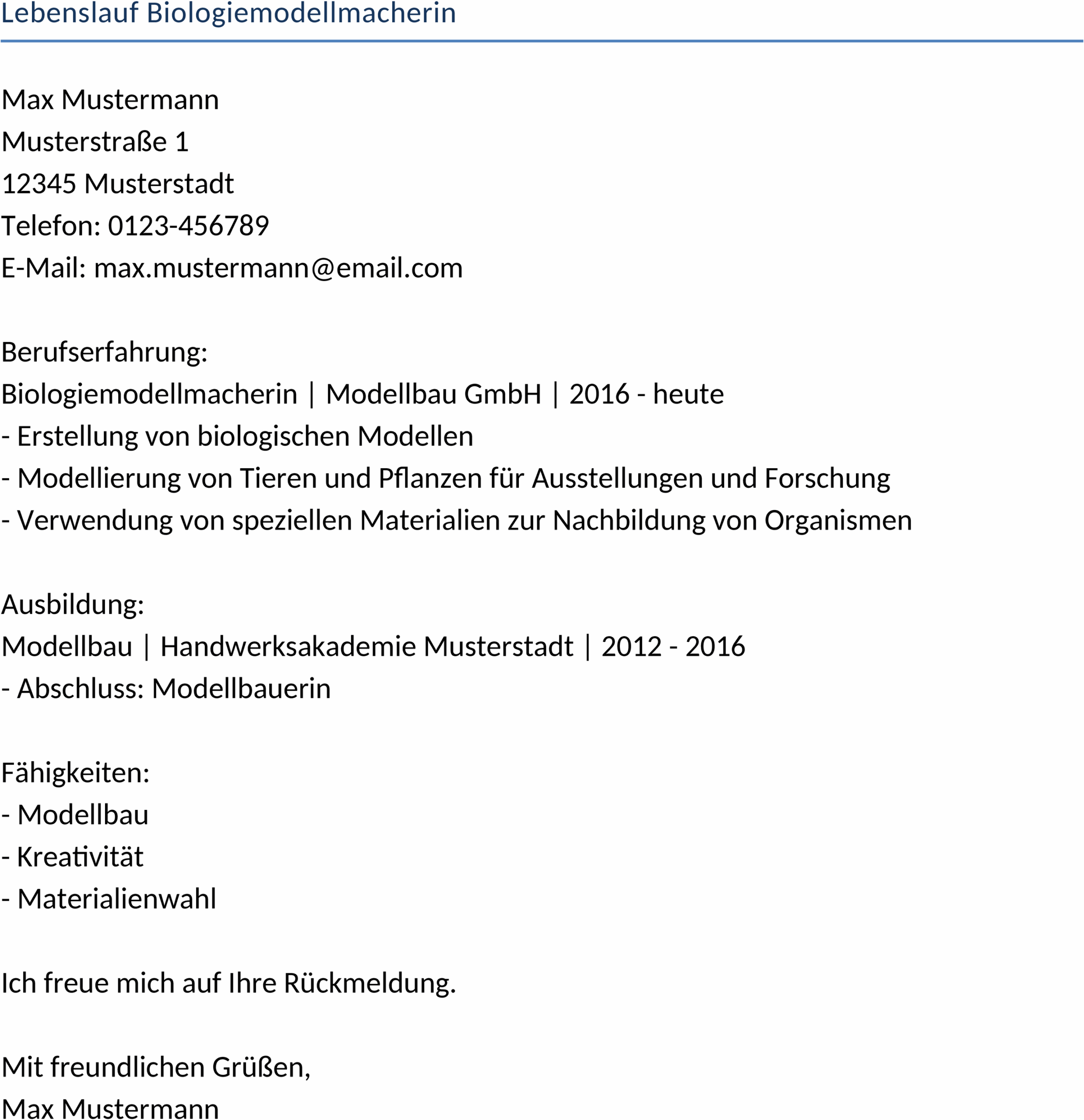 Lebenslauf für Biologiemodellmacherin