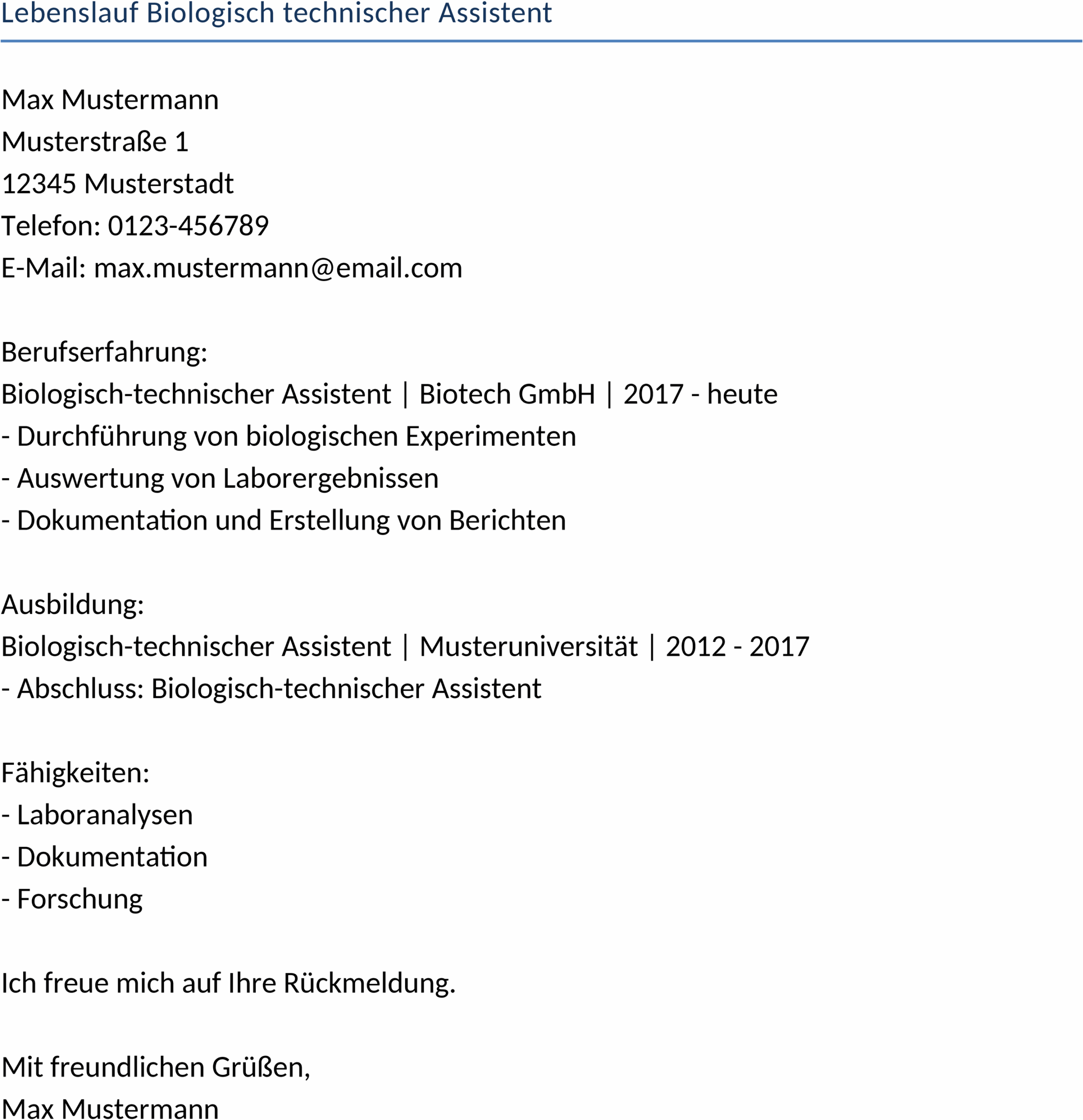 Lebenslauf im Word-Format für biologisch-technische Assistenten