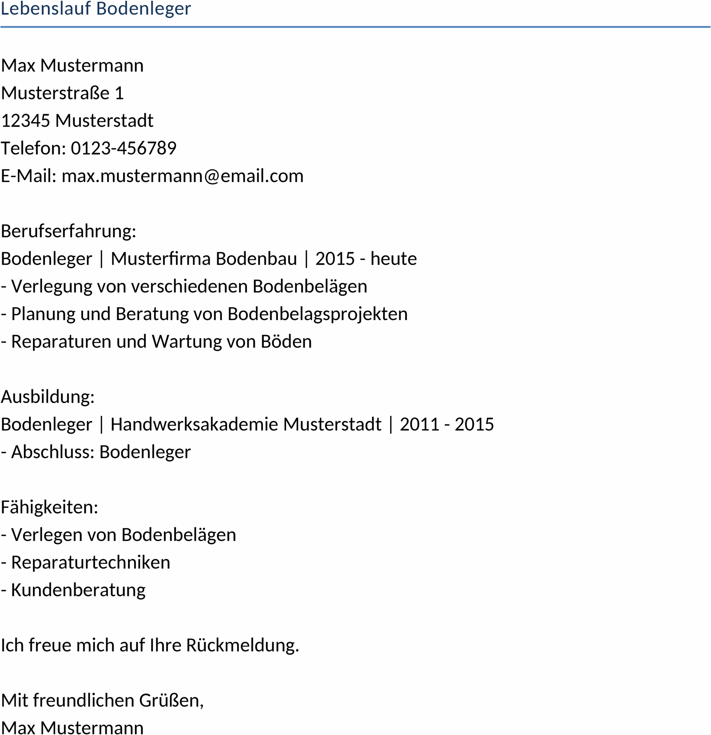 Lebenslauf-Vorlage für Bodenleger im Word-Format