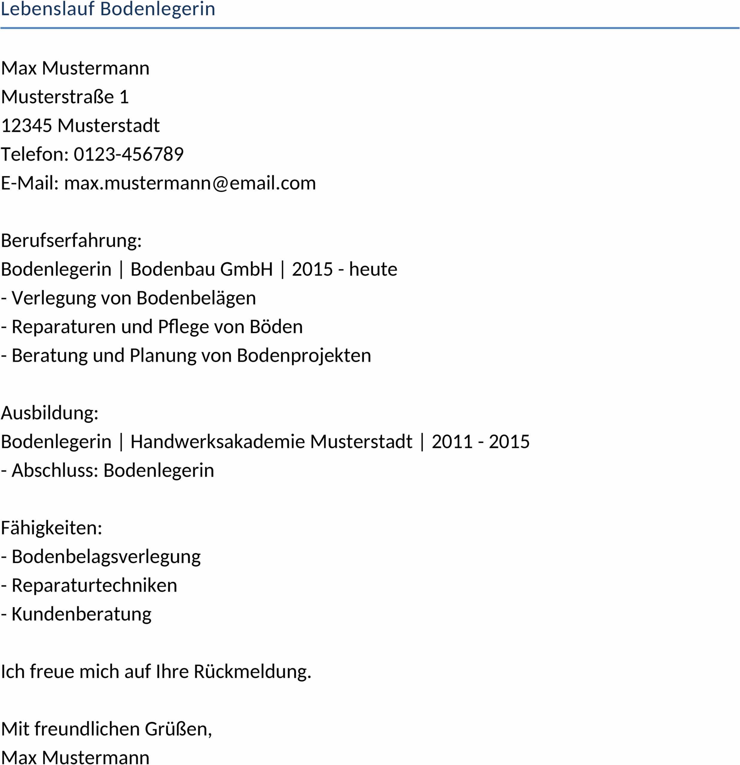 Word-Dokument Lebenslauf für Bodenlegerin