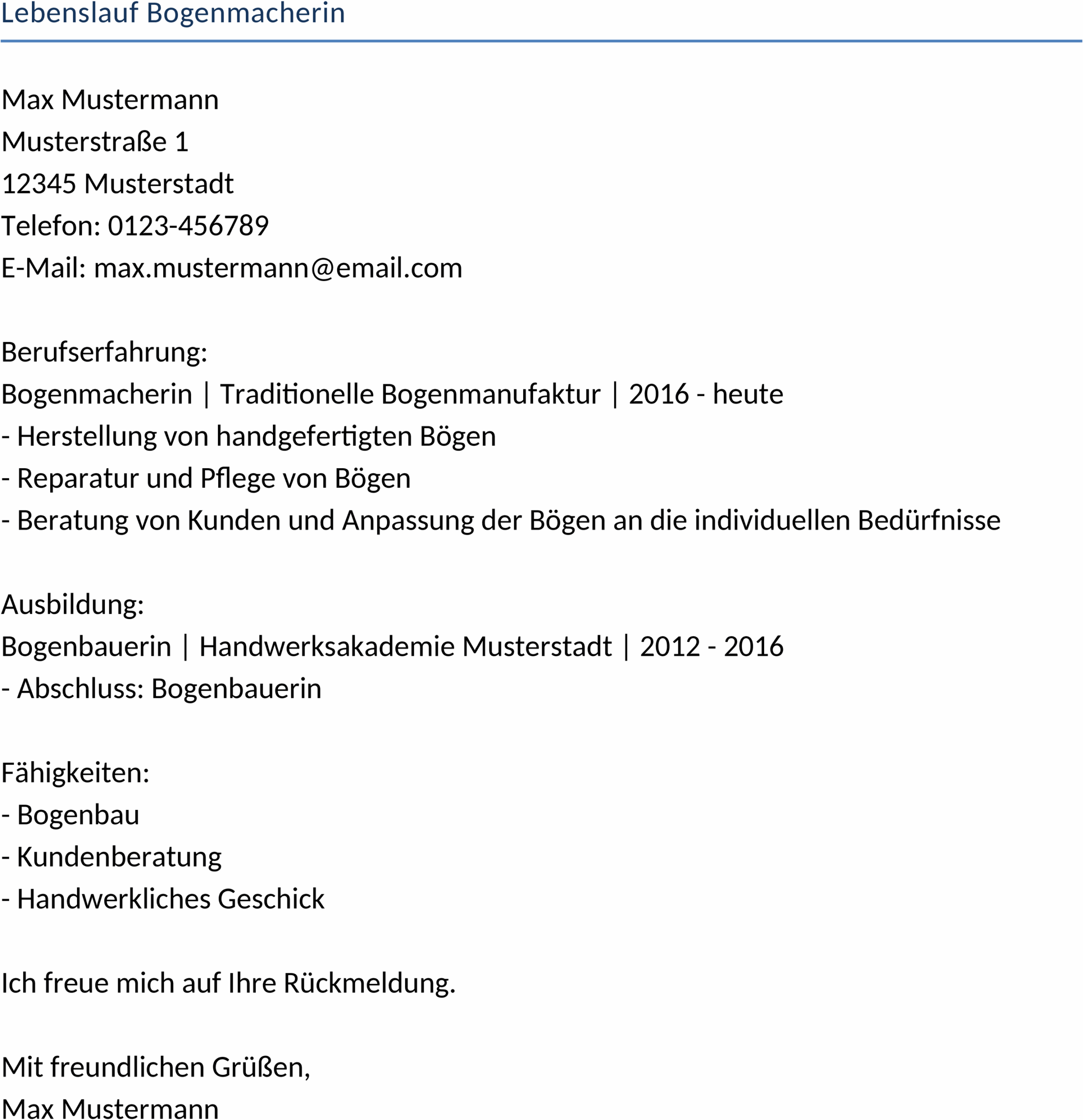 Lebenslauf im Word-Format für Bogenmacherin