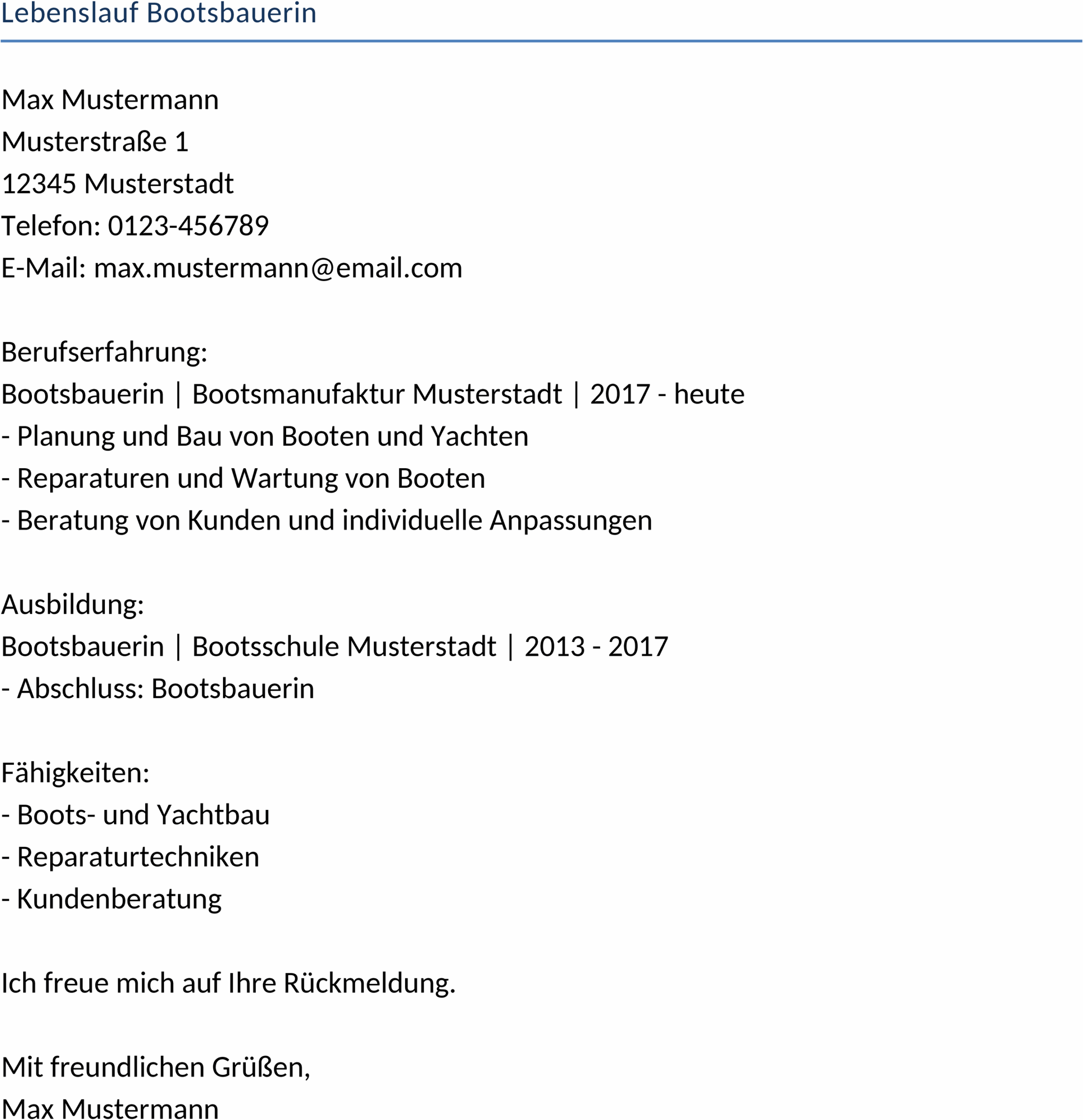 Lebenslauf Vorlage Bootsbauerin Word