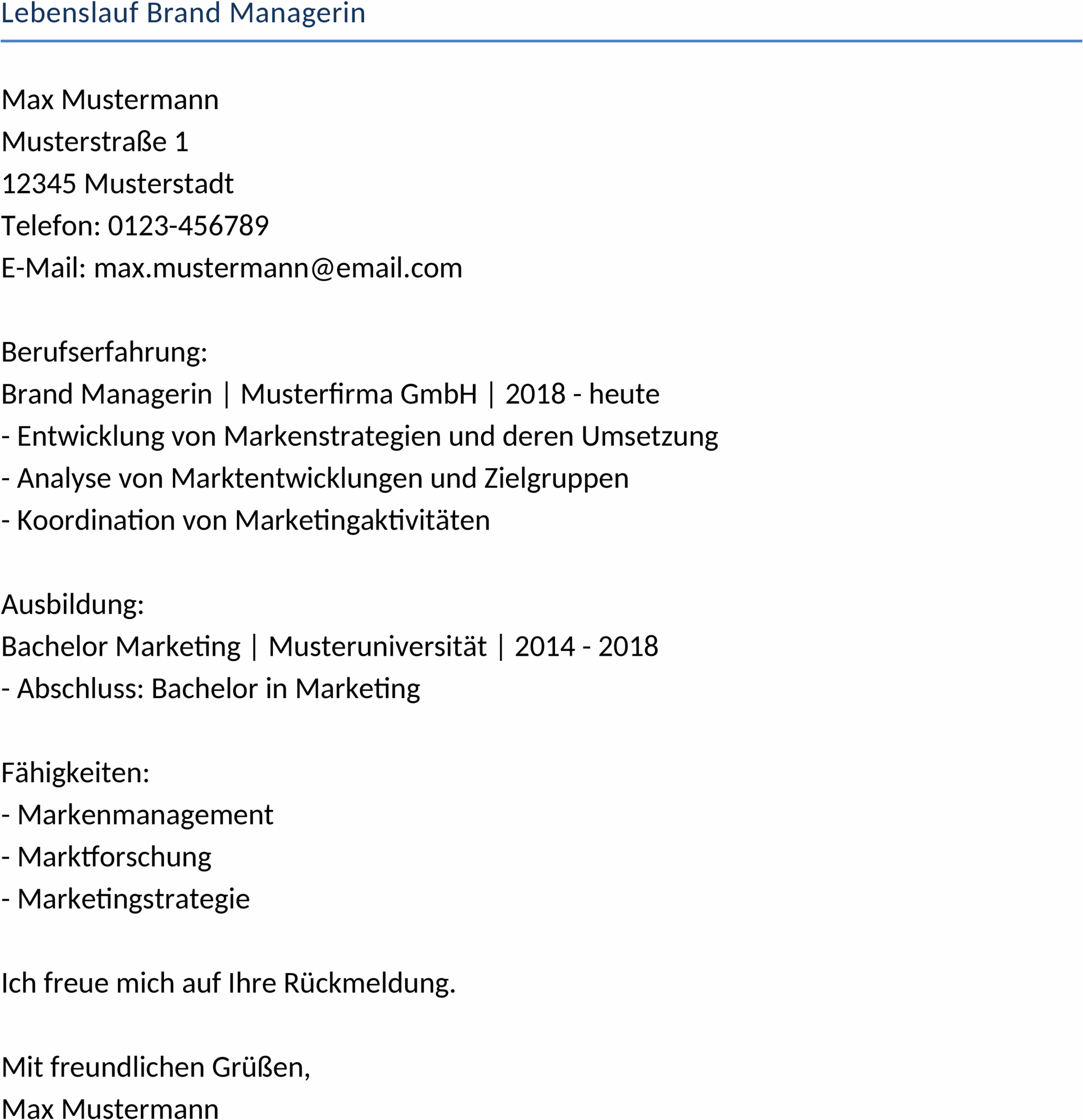 Word-Dokument Lebenslauf für Brand Managerin