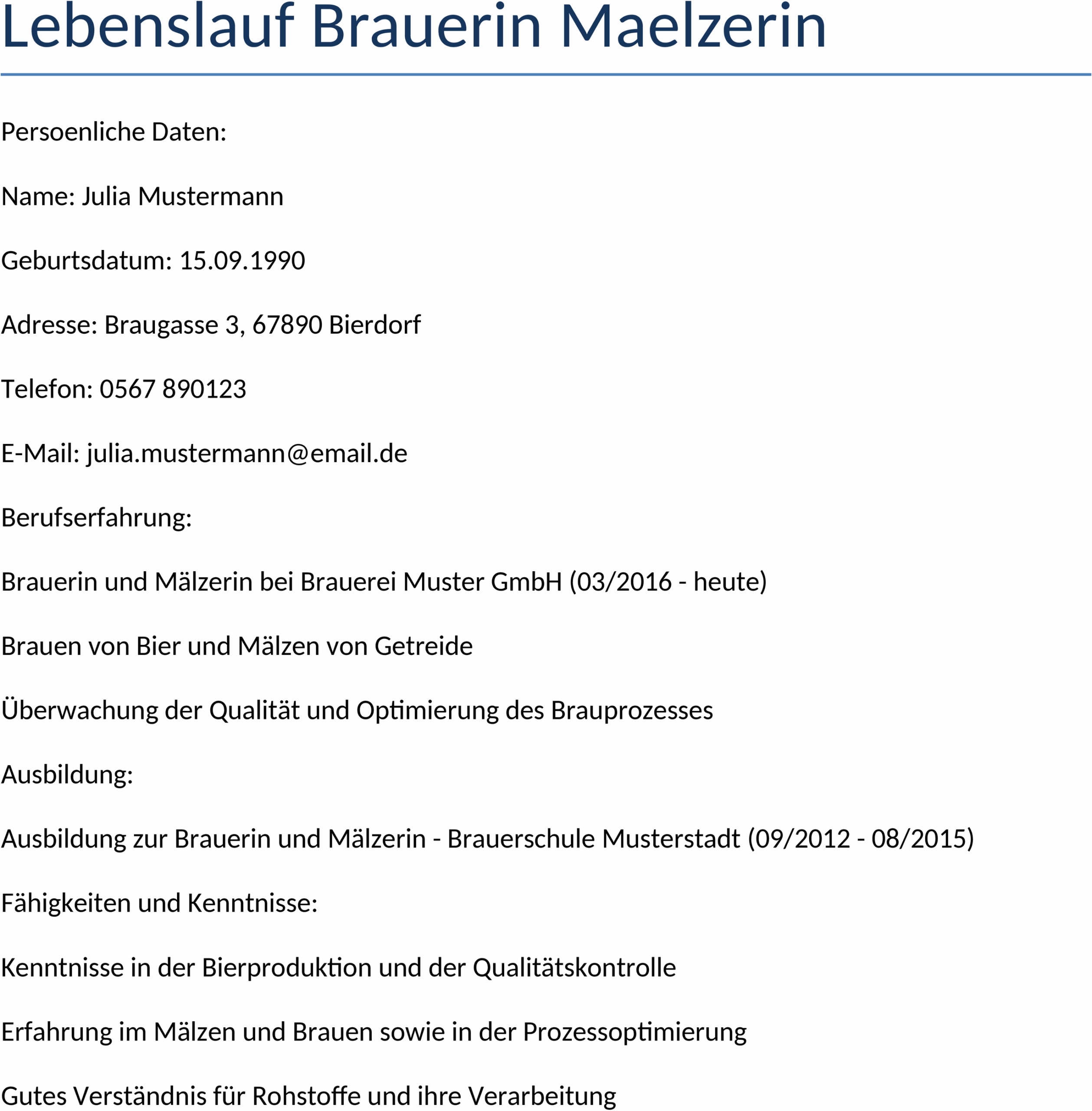 Lebenslauf für Brauerin und Mälzerin