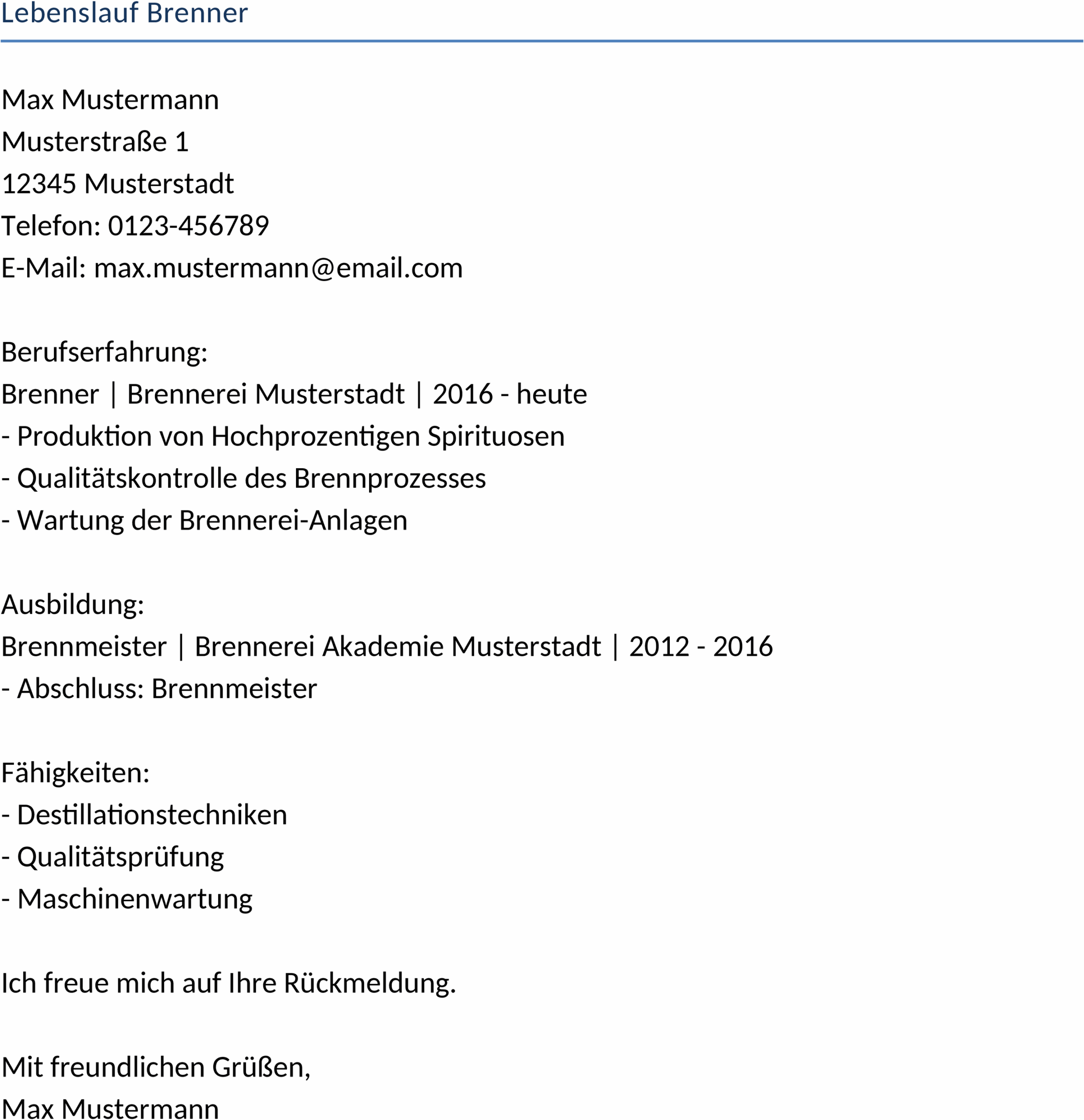 Lebenslauf Brenner Word Vorlage