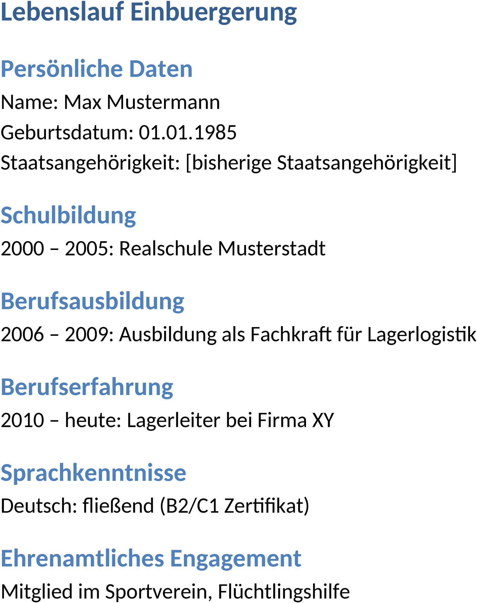 Lebenslauf für Einbürgerung: Word-Dokumentvorlage