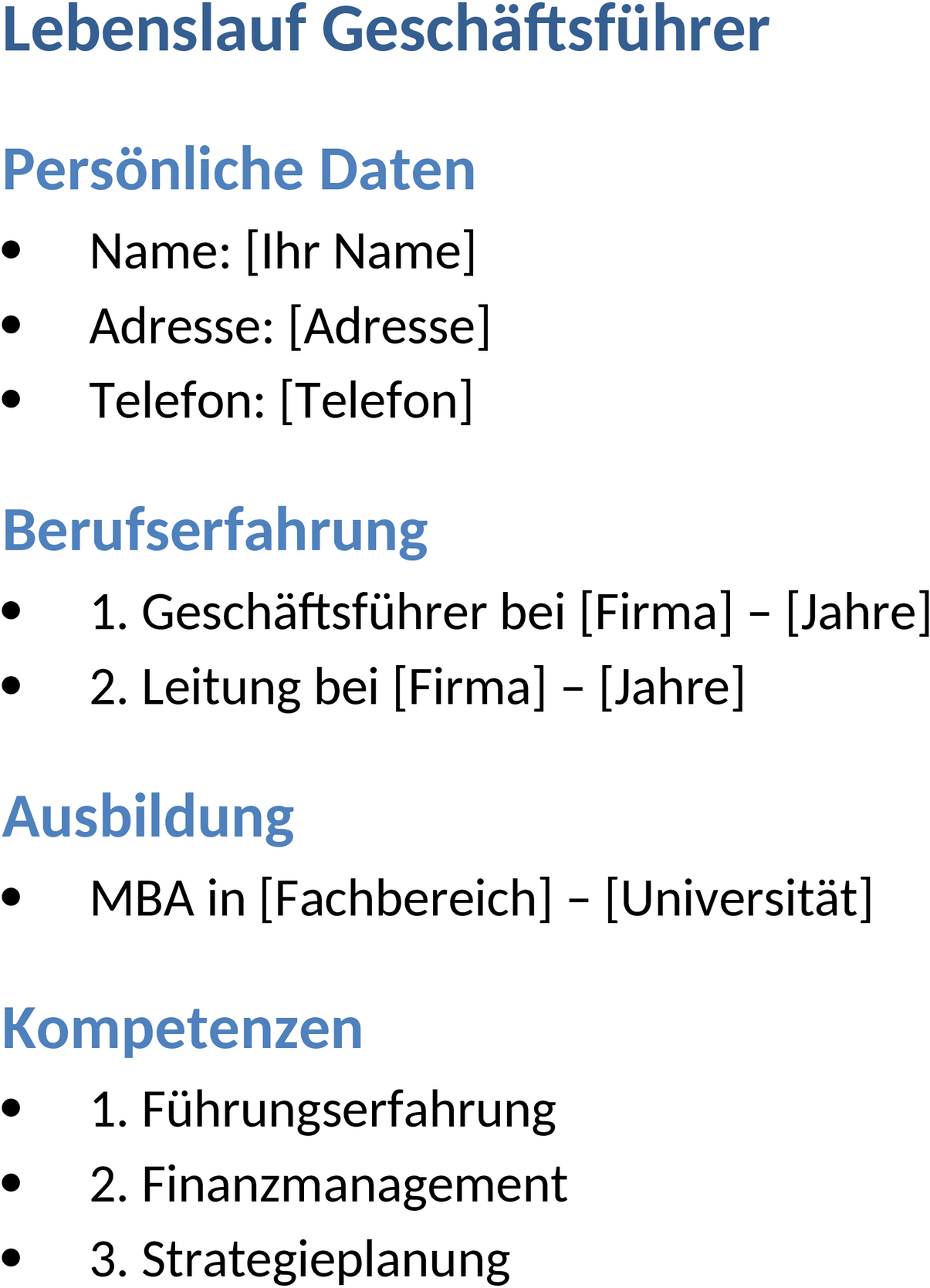 Lebenslauf-Vorlage für Geschäftsführer im DOCX-Format