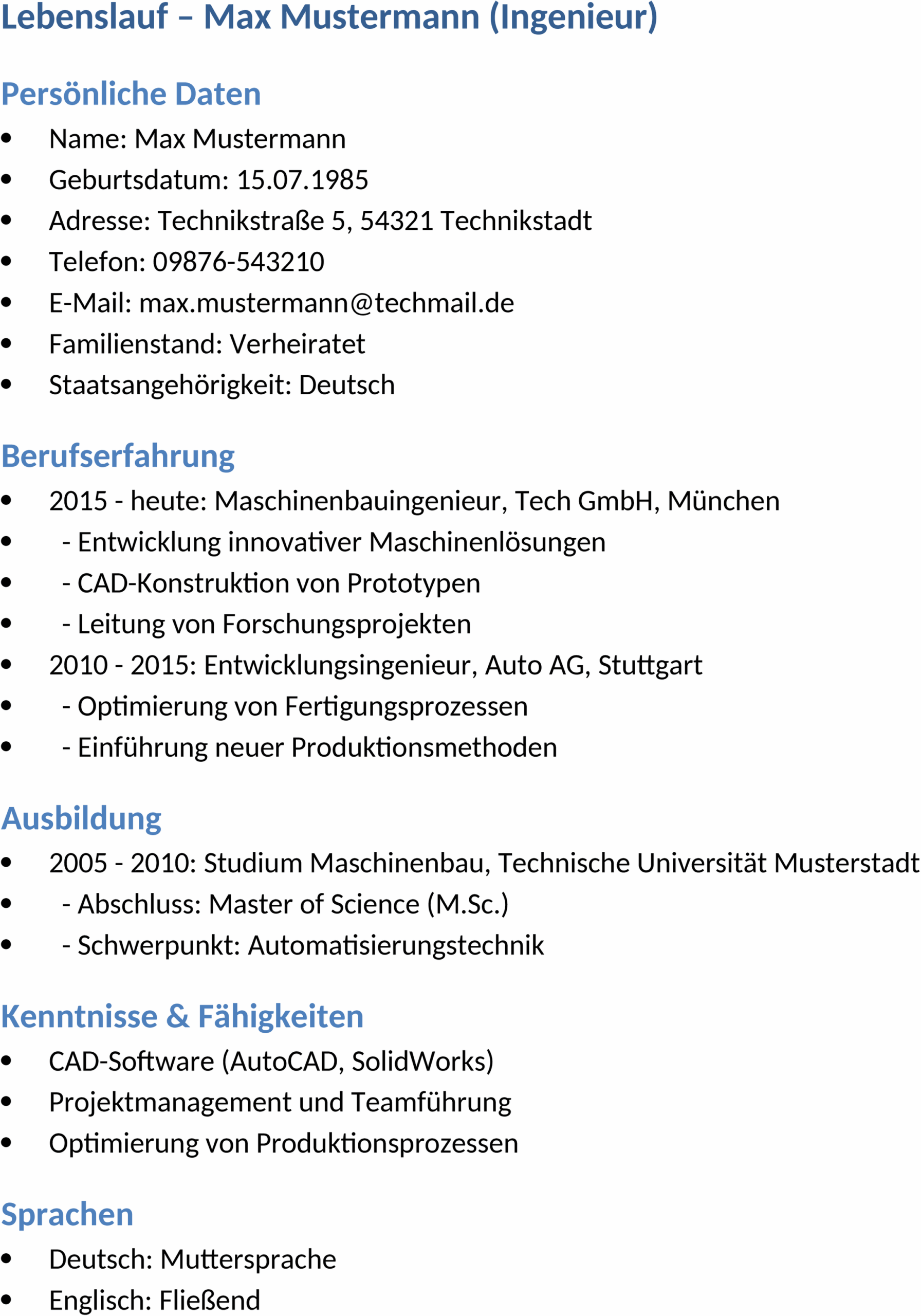 Lebenslauf Ingenieur Vorlage