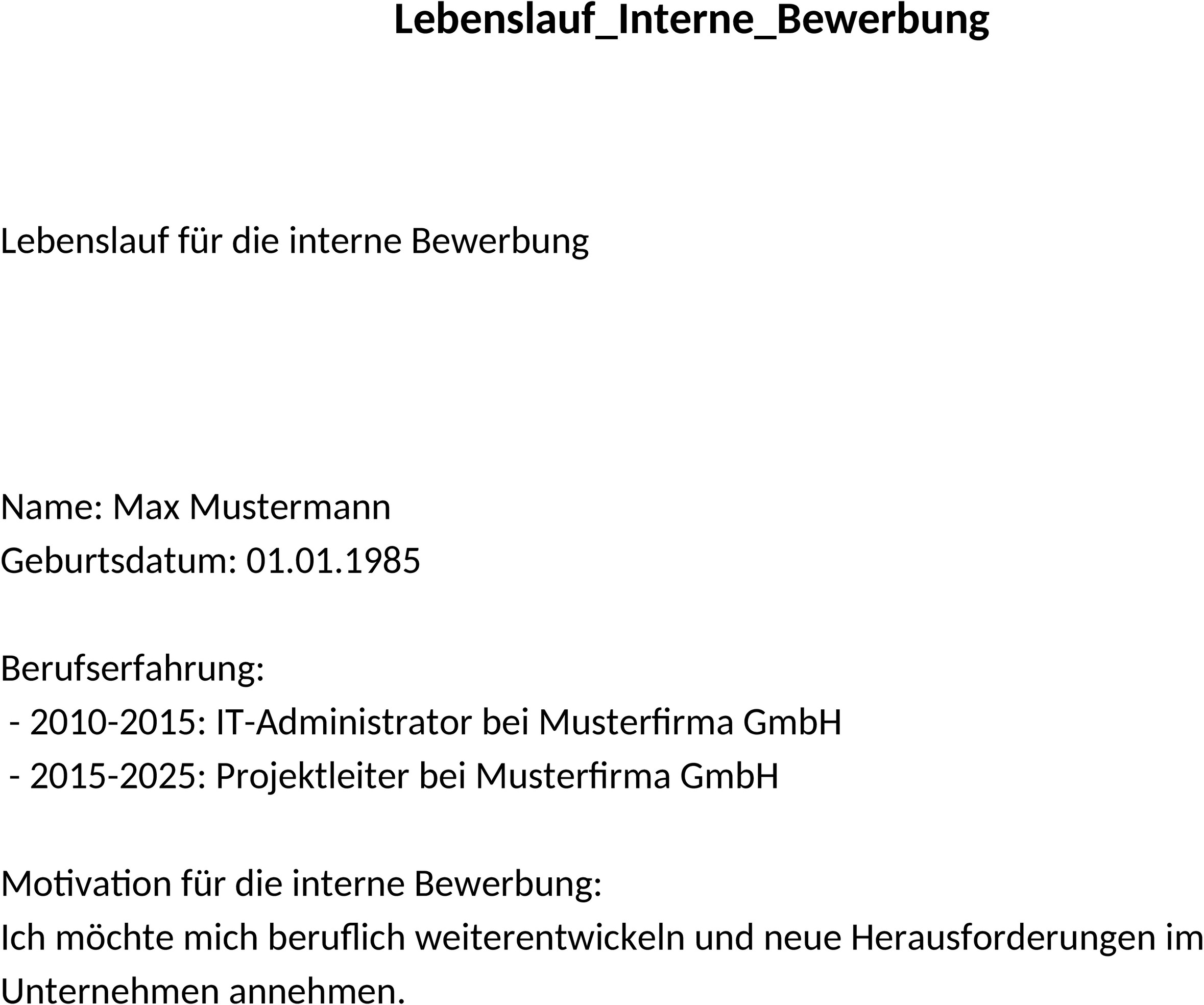 Lebenslauf-Template für Interne Bewerbung