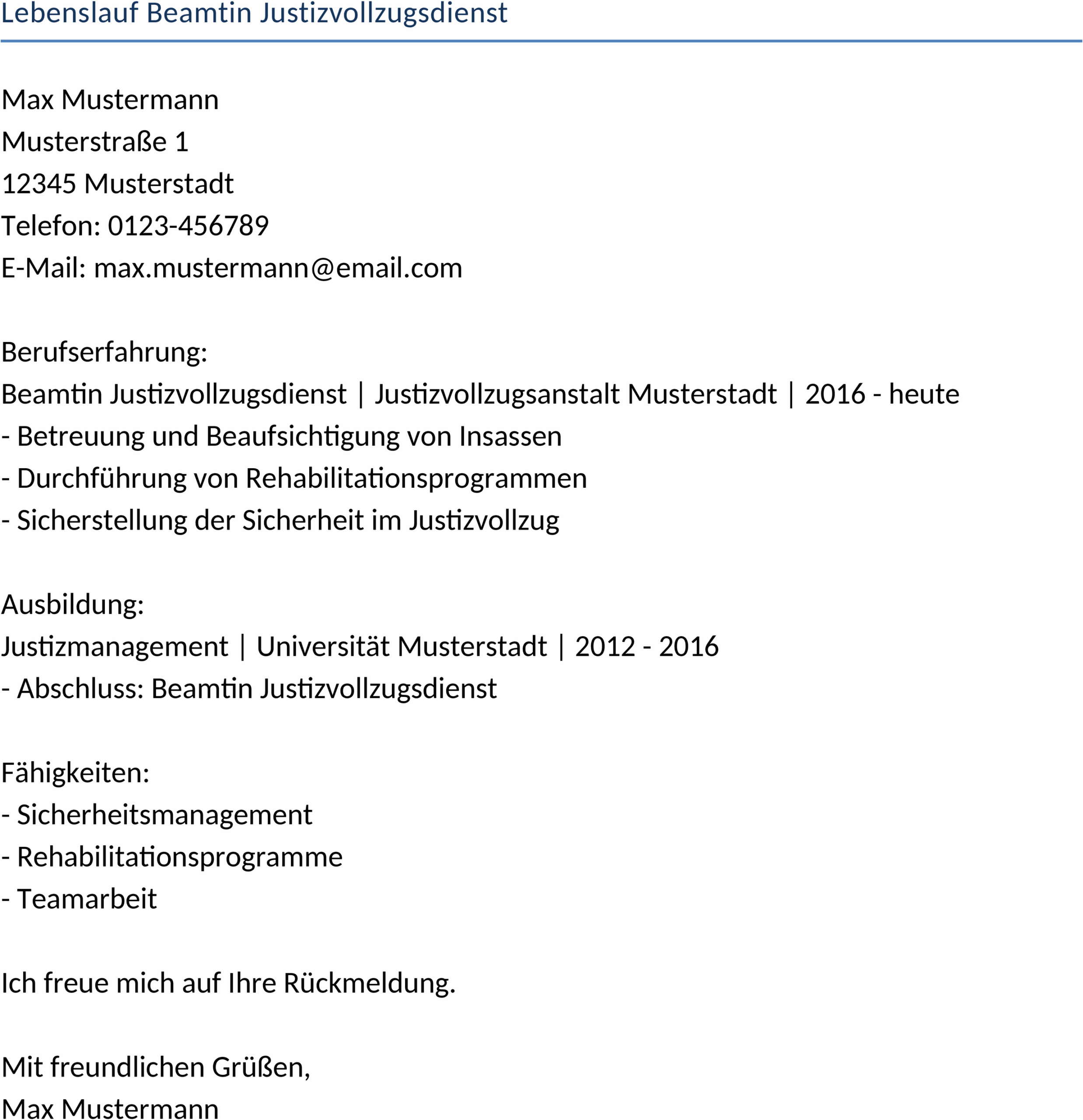 Word-Dokument Lebenslauf Justizvollzugsdienst Beamtenlaufbahn