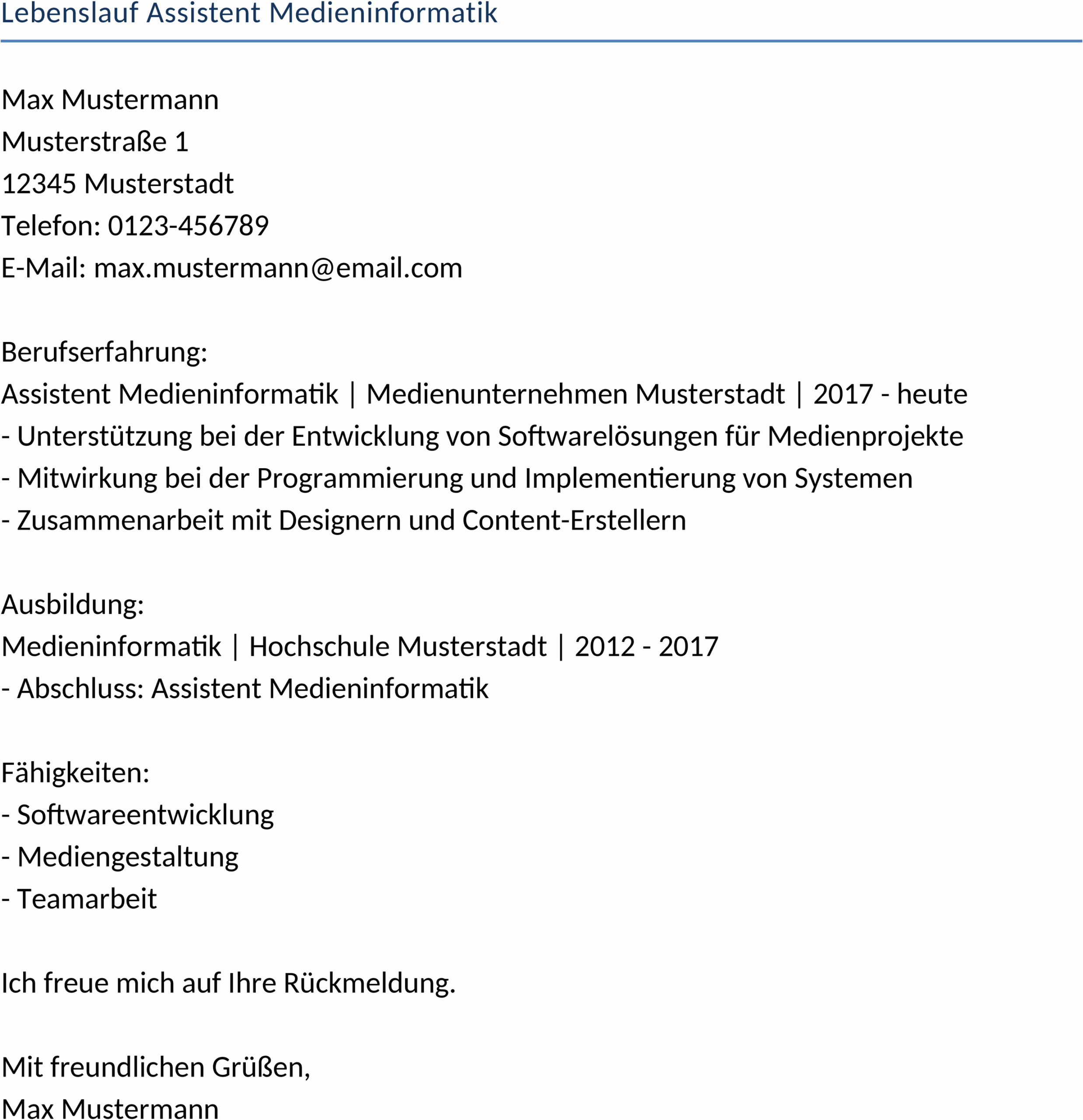 Lebenslauf Medieninformatik Vorlage