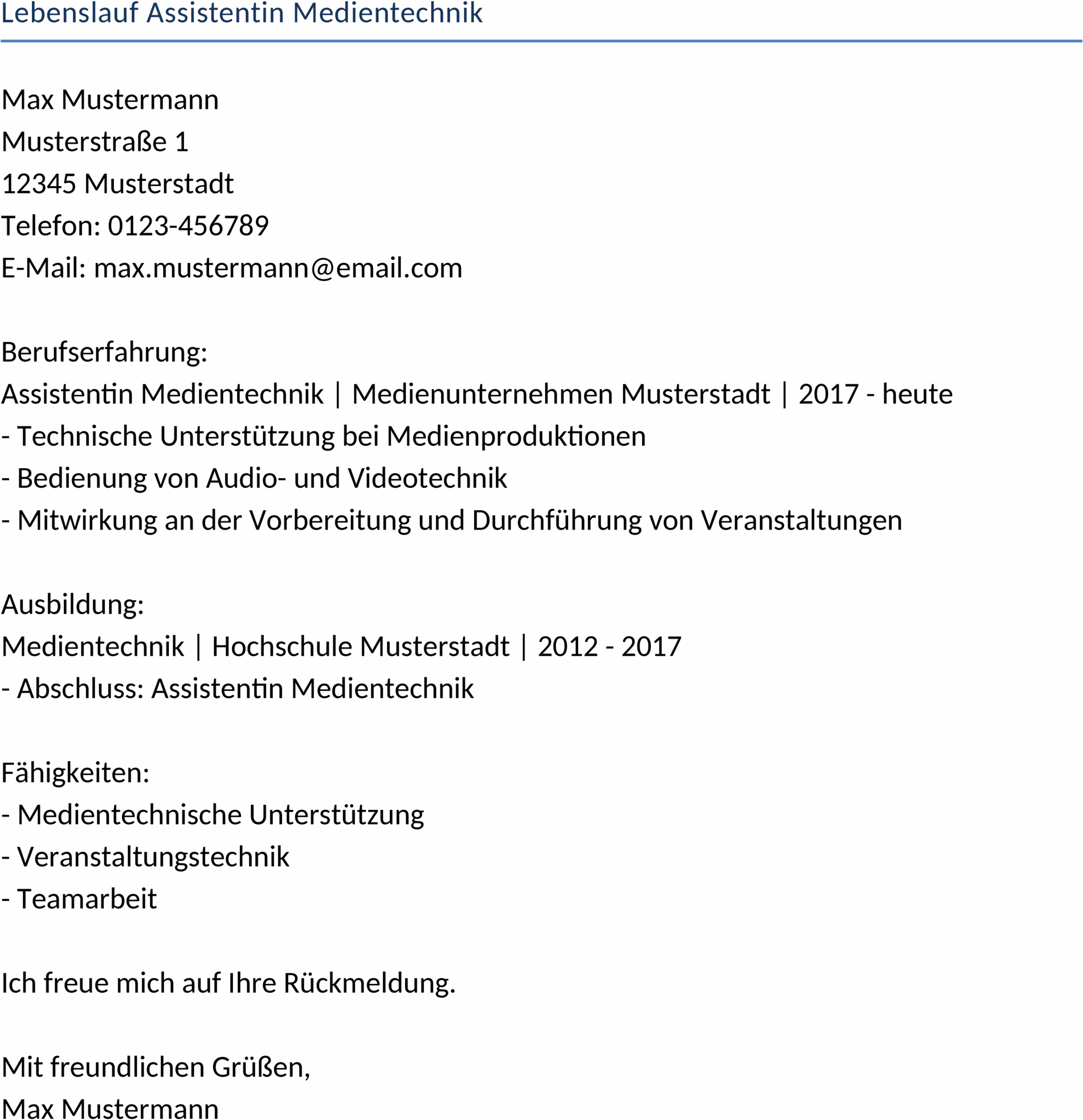 Word-Vorlage Lebenslauf Medientechnik Assistent