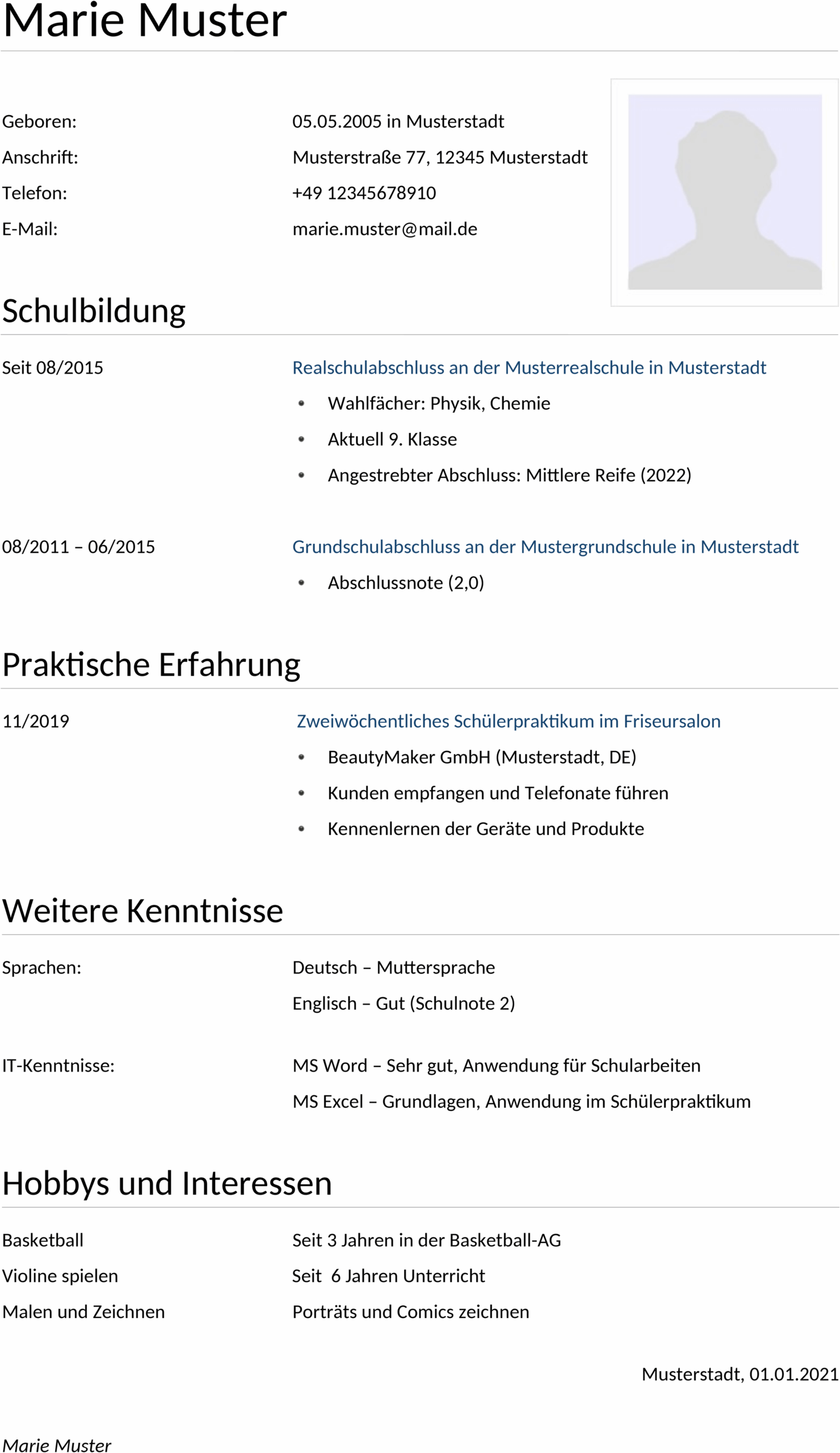 Lebenslauf-Muster für Schüler im DOCX-Format