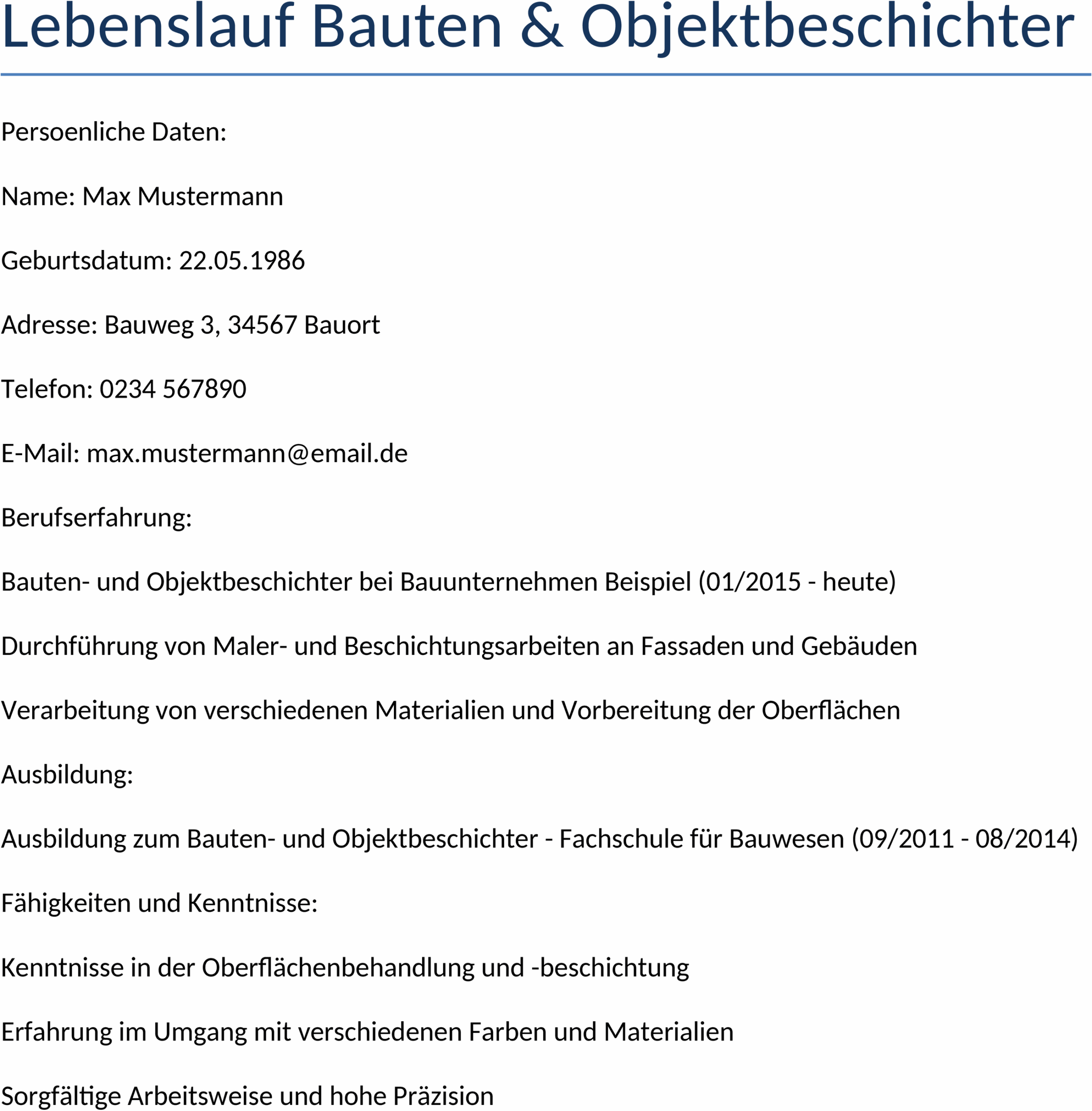 Lebenslauf als Word-Dokument für Objektbeschichter