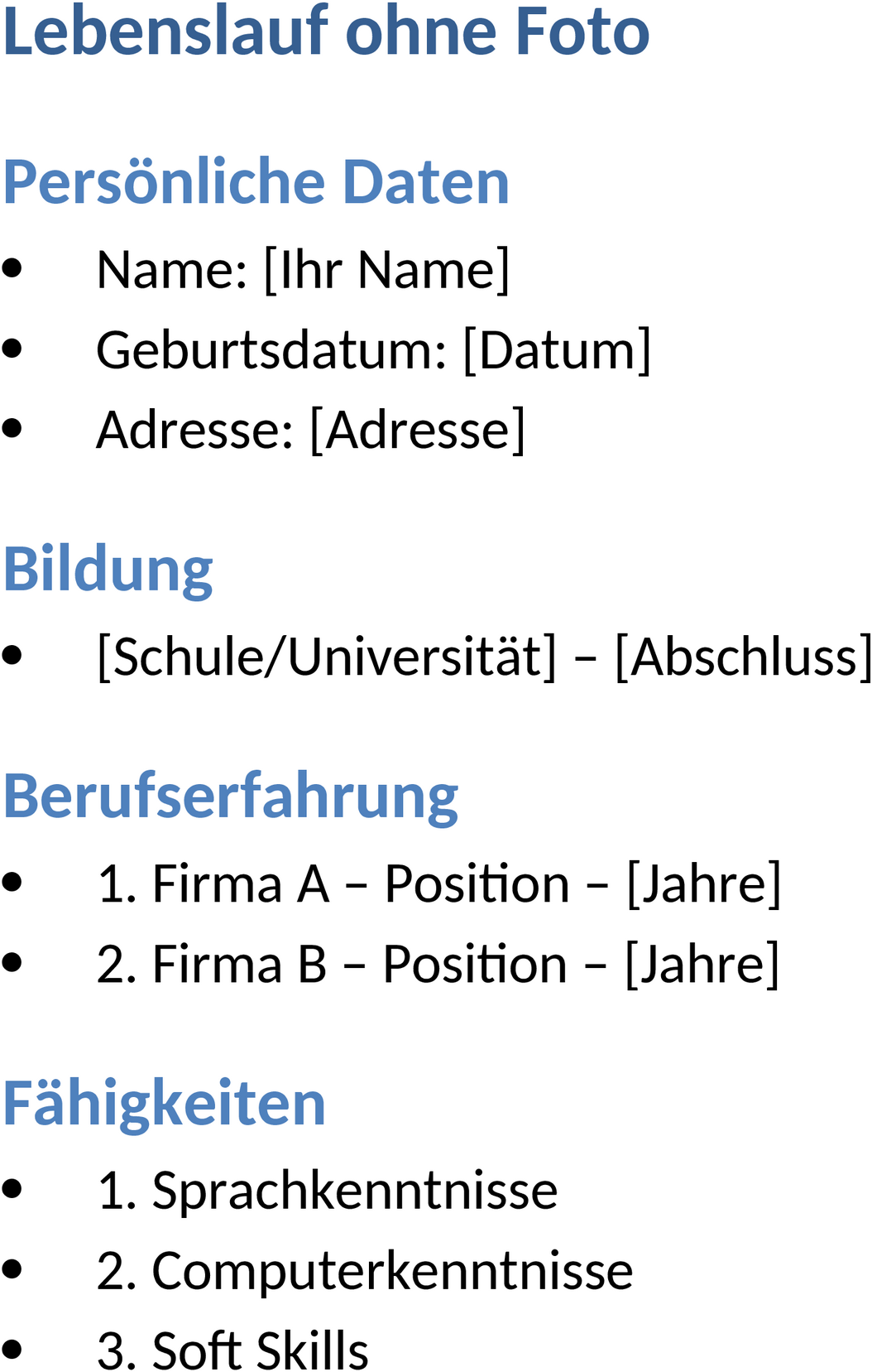 Lebenslauf ohne Foto Word-Vorlage