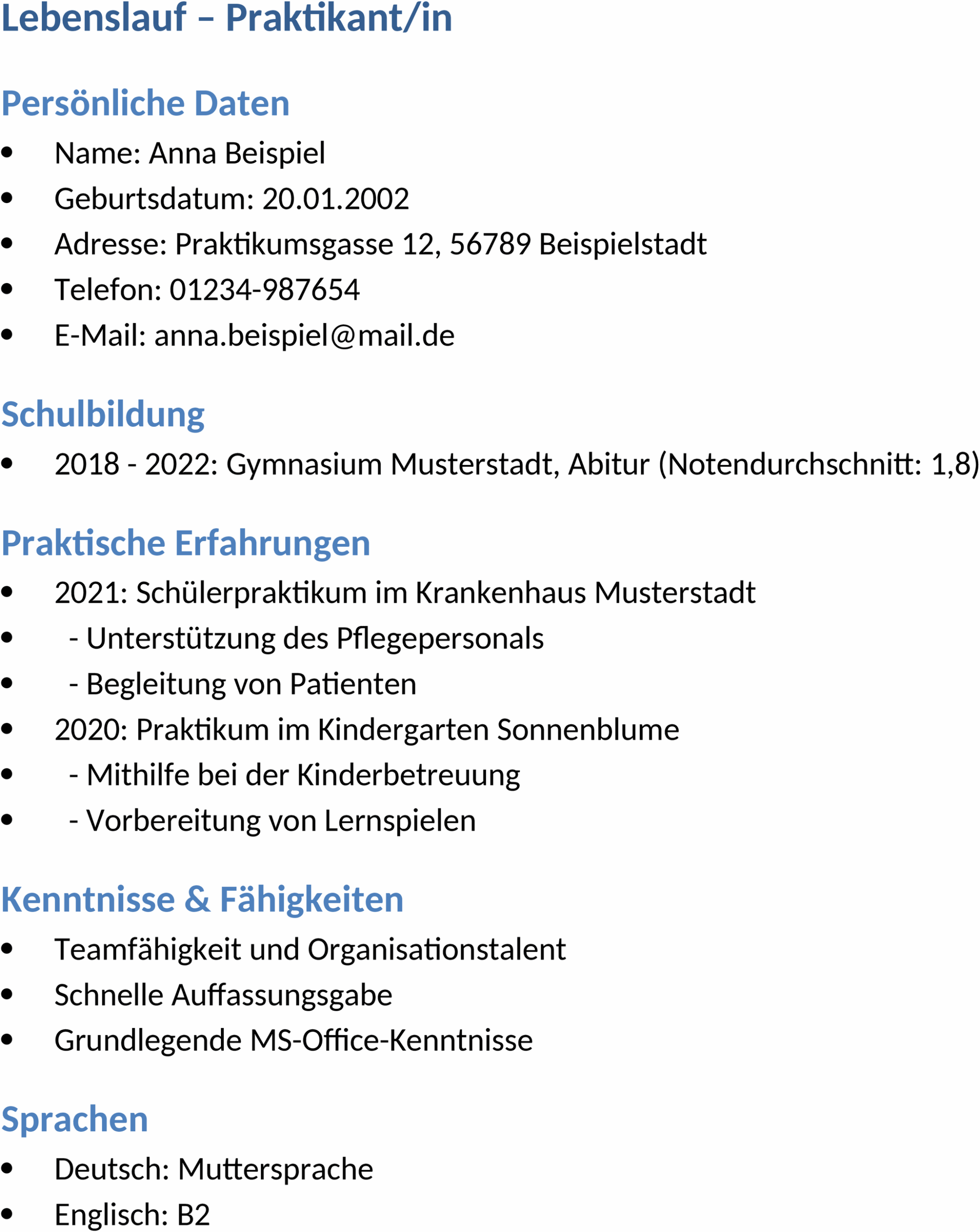Lebenslauf für Praktikum - Word-Datei