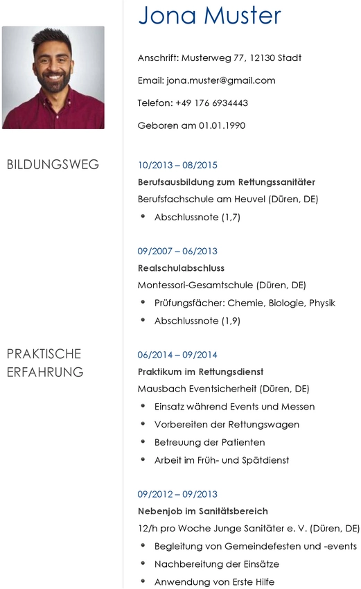 lebenslauf-rettungssanitaeter-mit-berufserfahrung