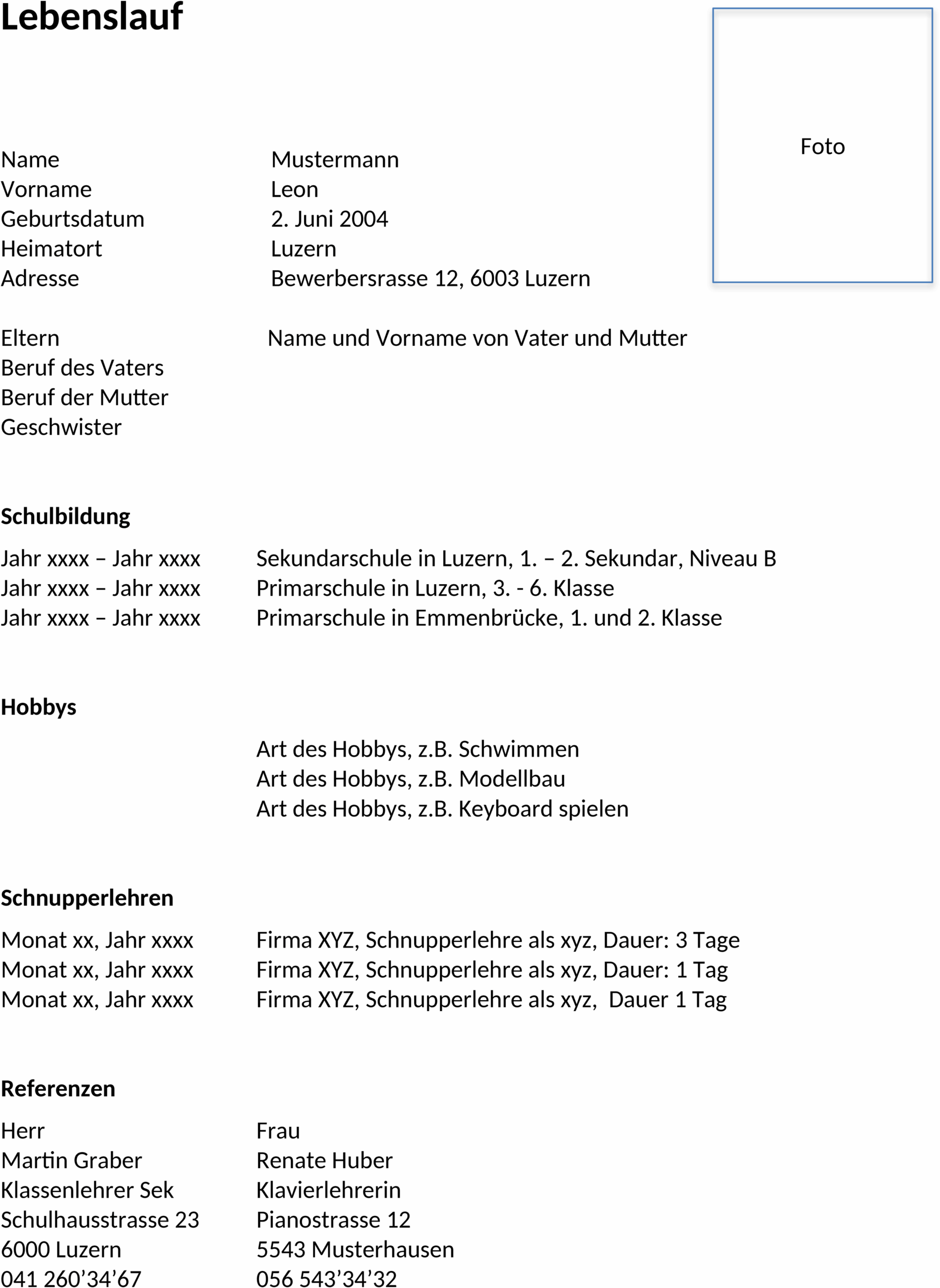 Lebenslauf für Schüler Word-Vorlage