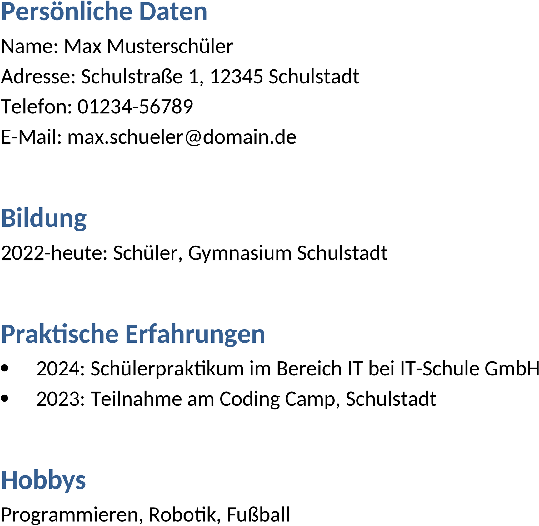 Lebenslauf Word-Vorlage für Schülerpraktikum