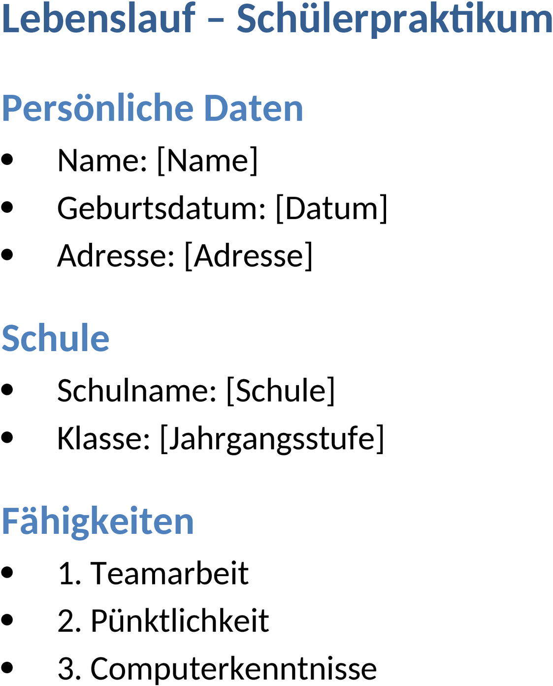 Lebenslauf für Schülerpraktikum Word-Template