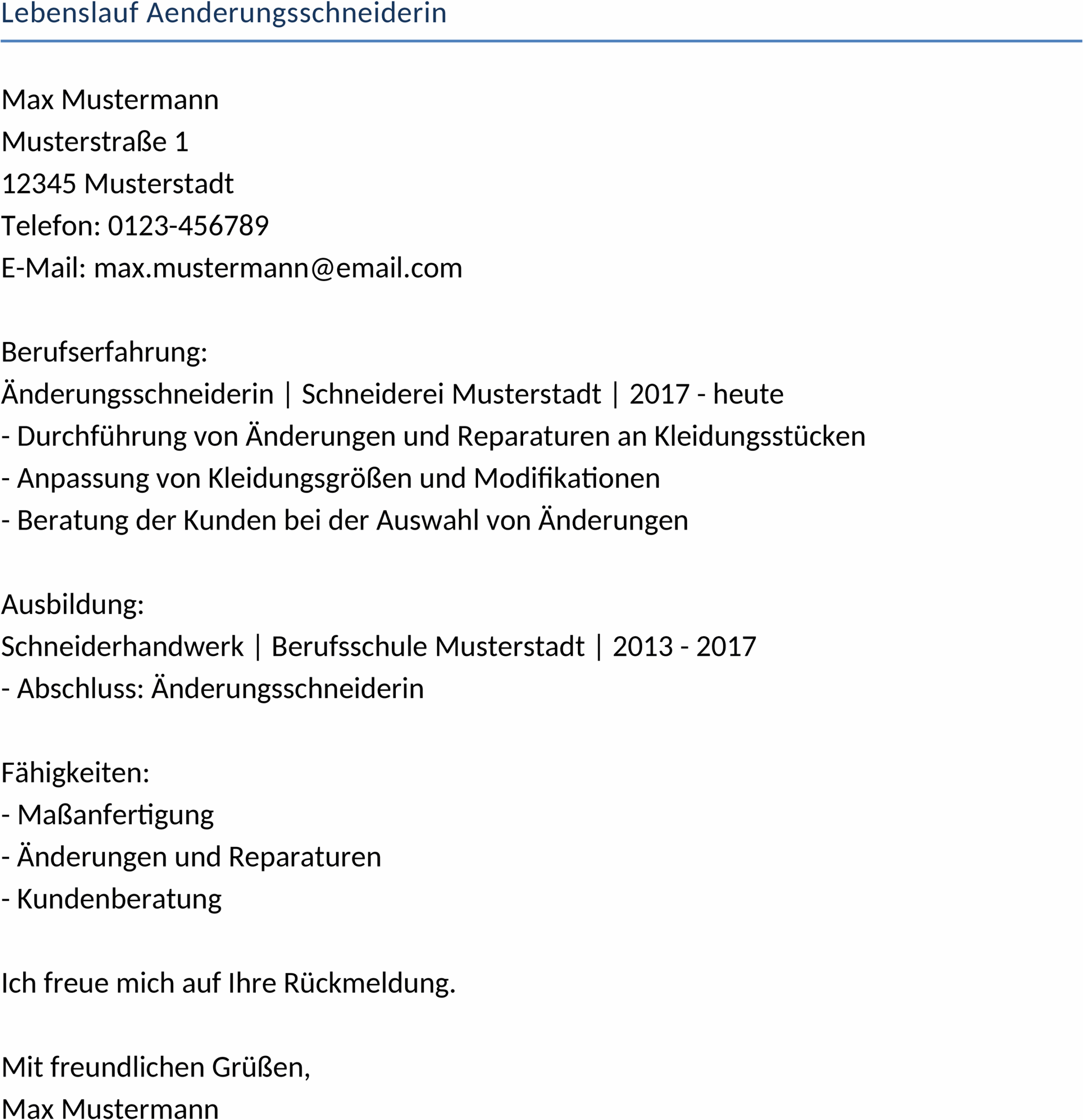 Lebenslauf Vorlage Aenderungsschneiderin