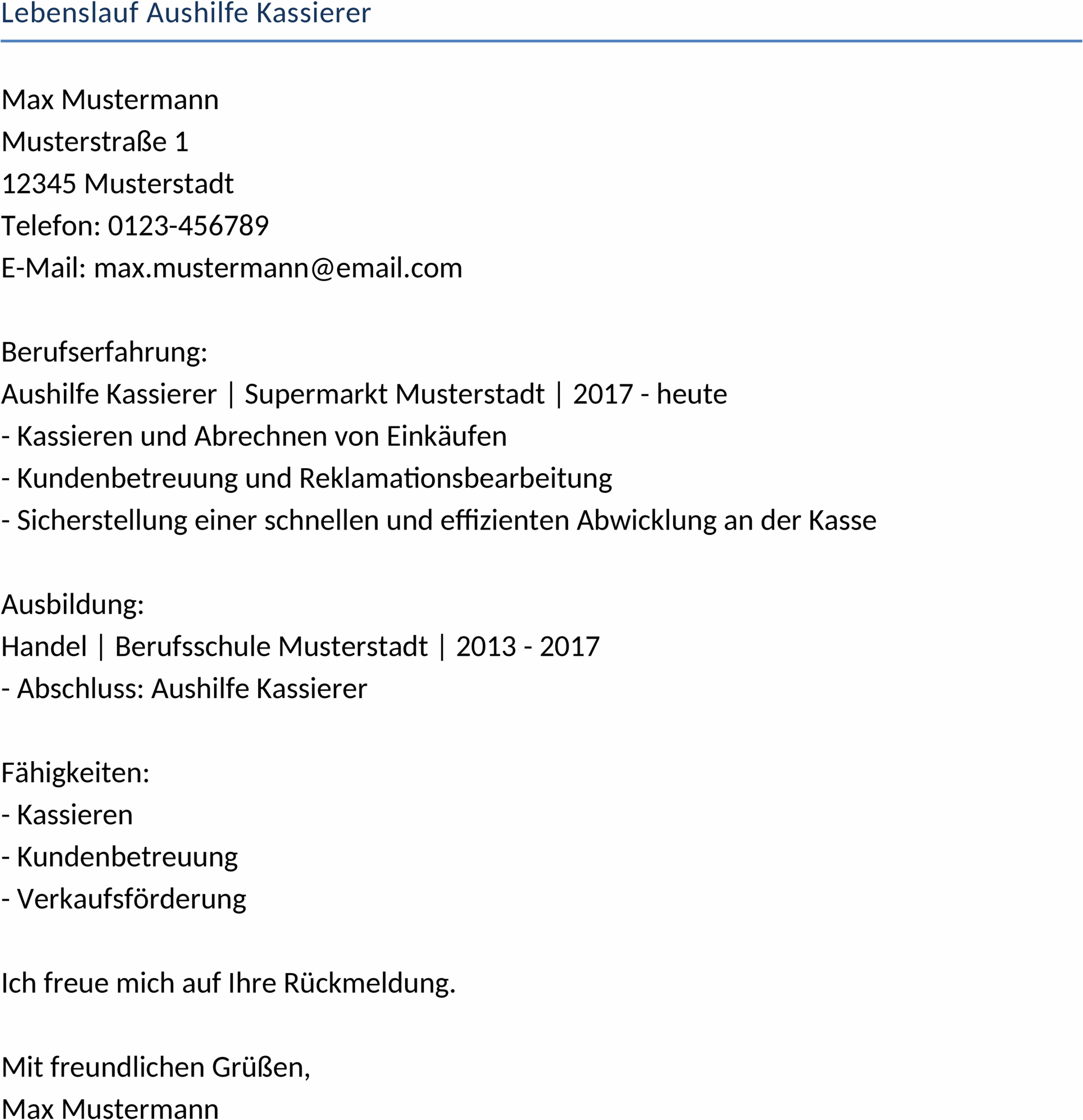 Lebenslauf Vorlage Aushilfe Kassierer
