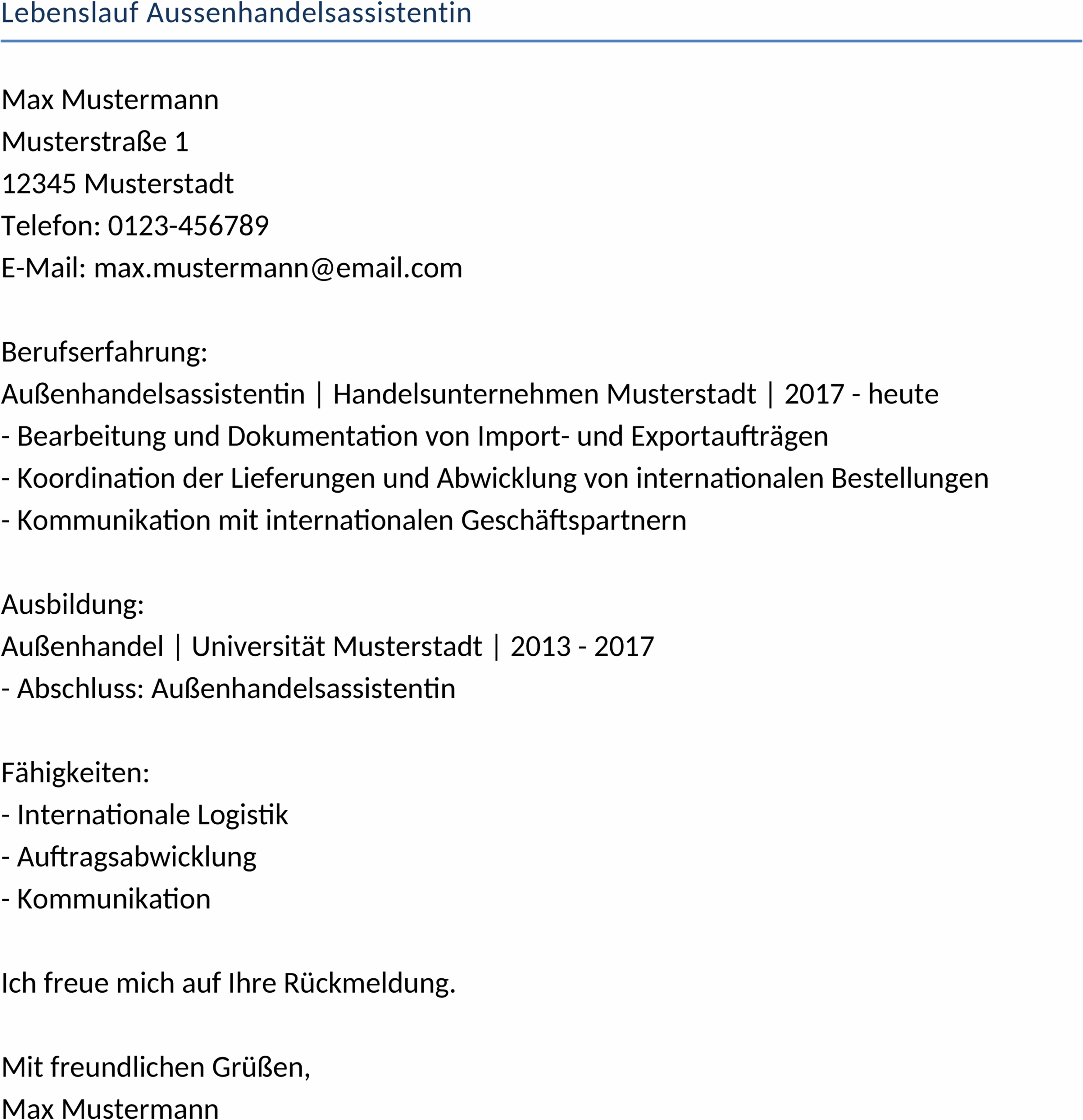 Lebenslauf-Vorlage für Außenhandelsassistentin