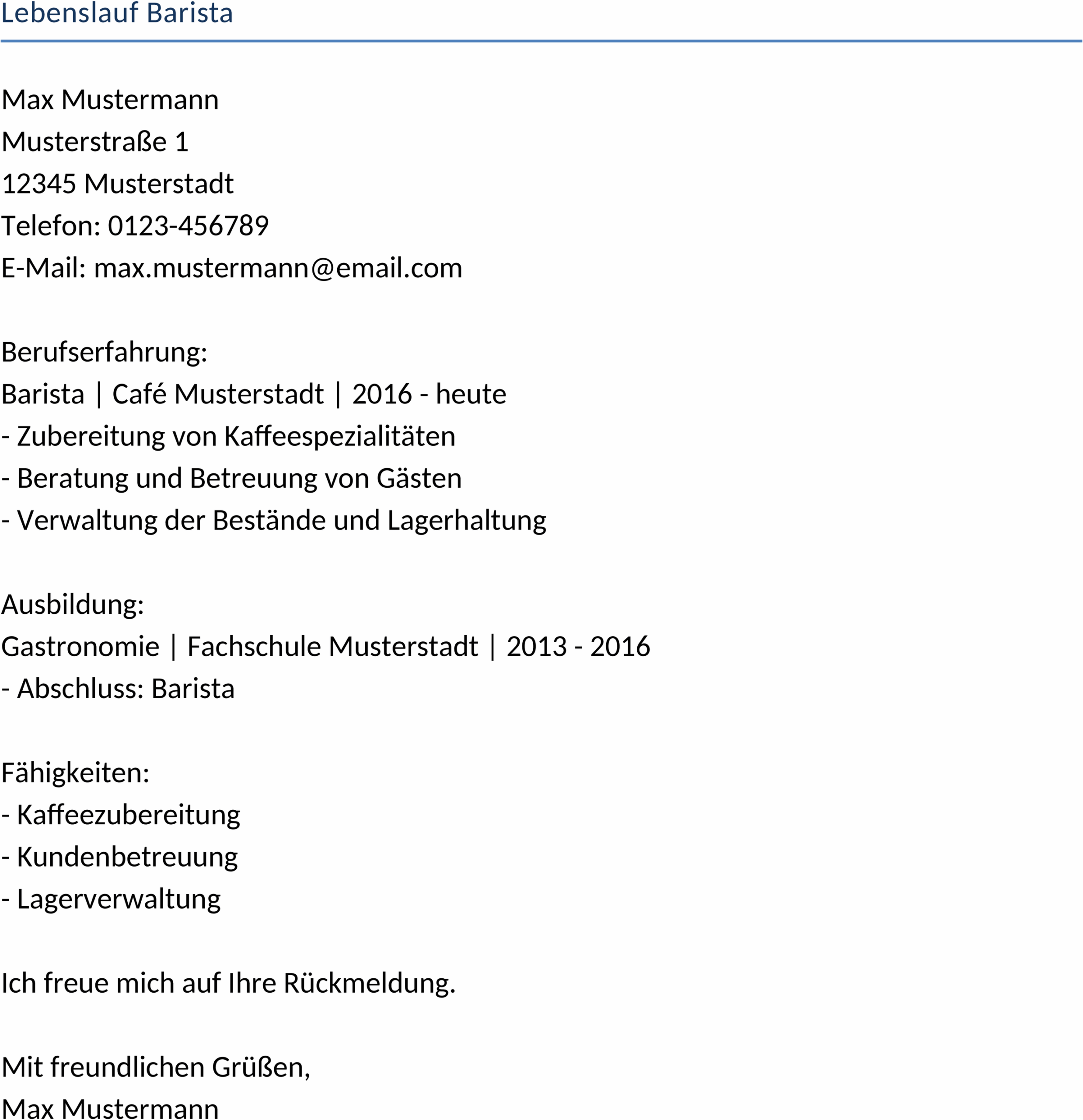 Lebenslauf Vorlage für Barista