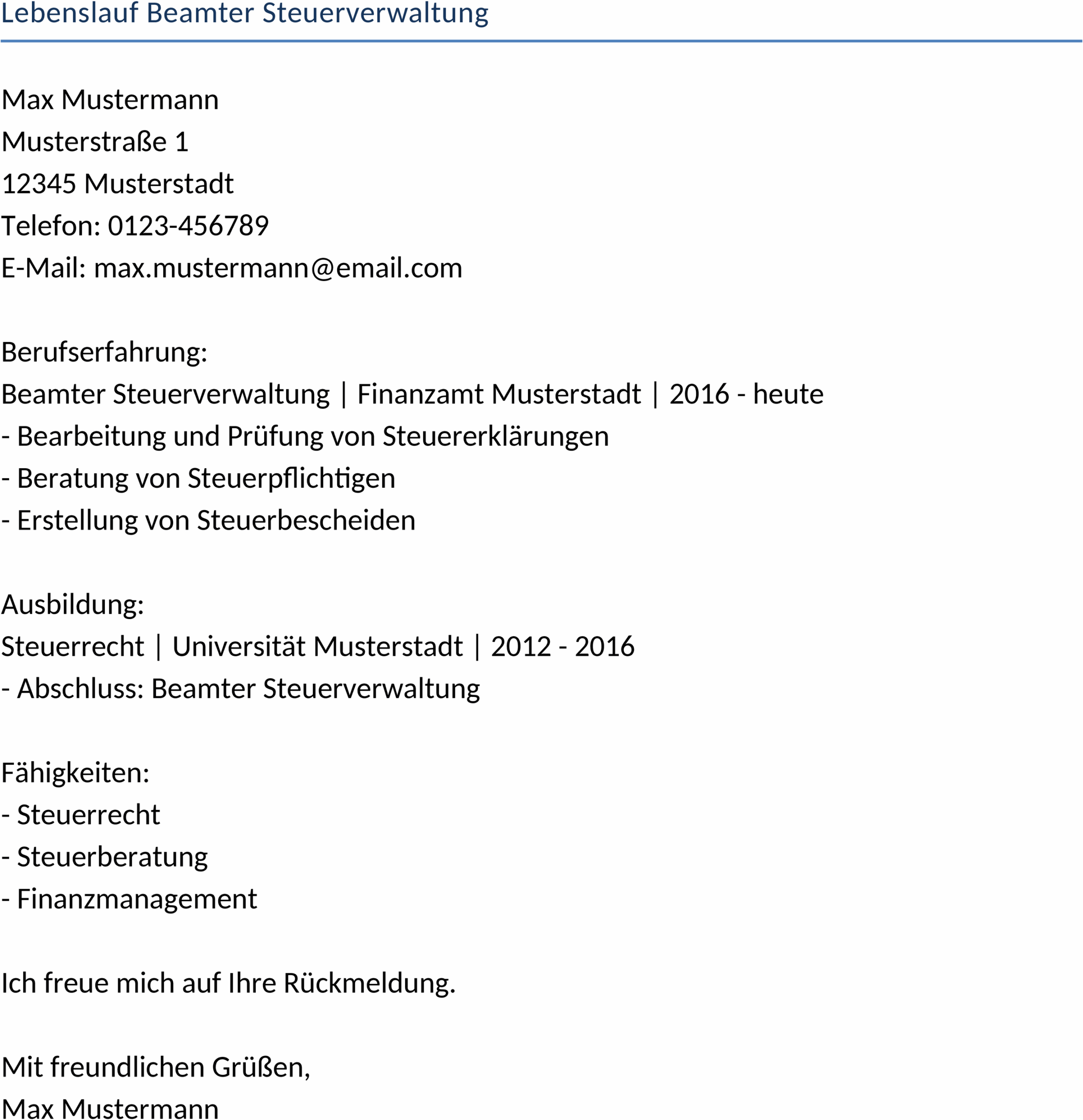Lebenslauf Vorlage für Beamte in der Steuerverwaltung