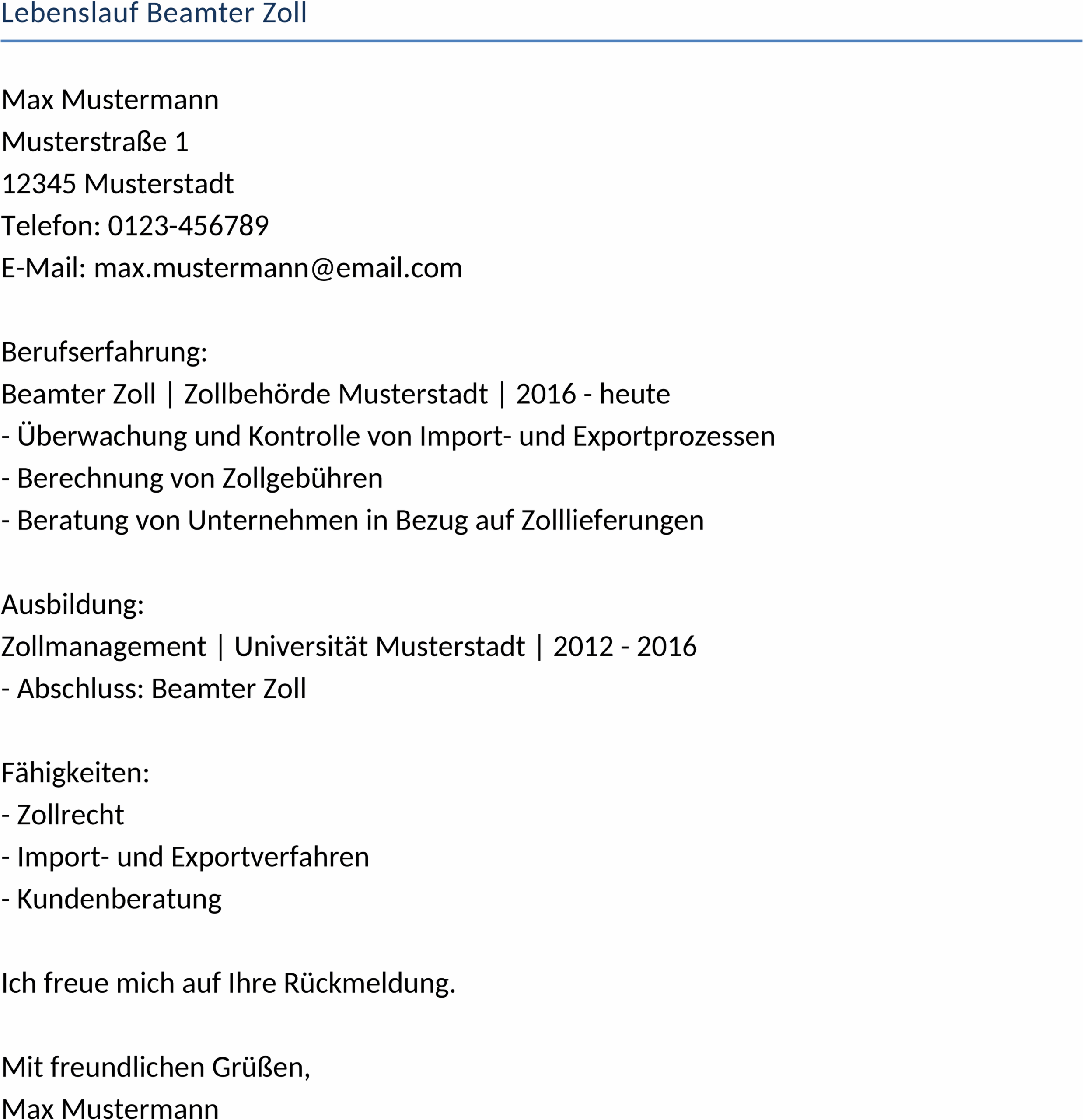 Lebenslauf Vorlage Beamter Zoll