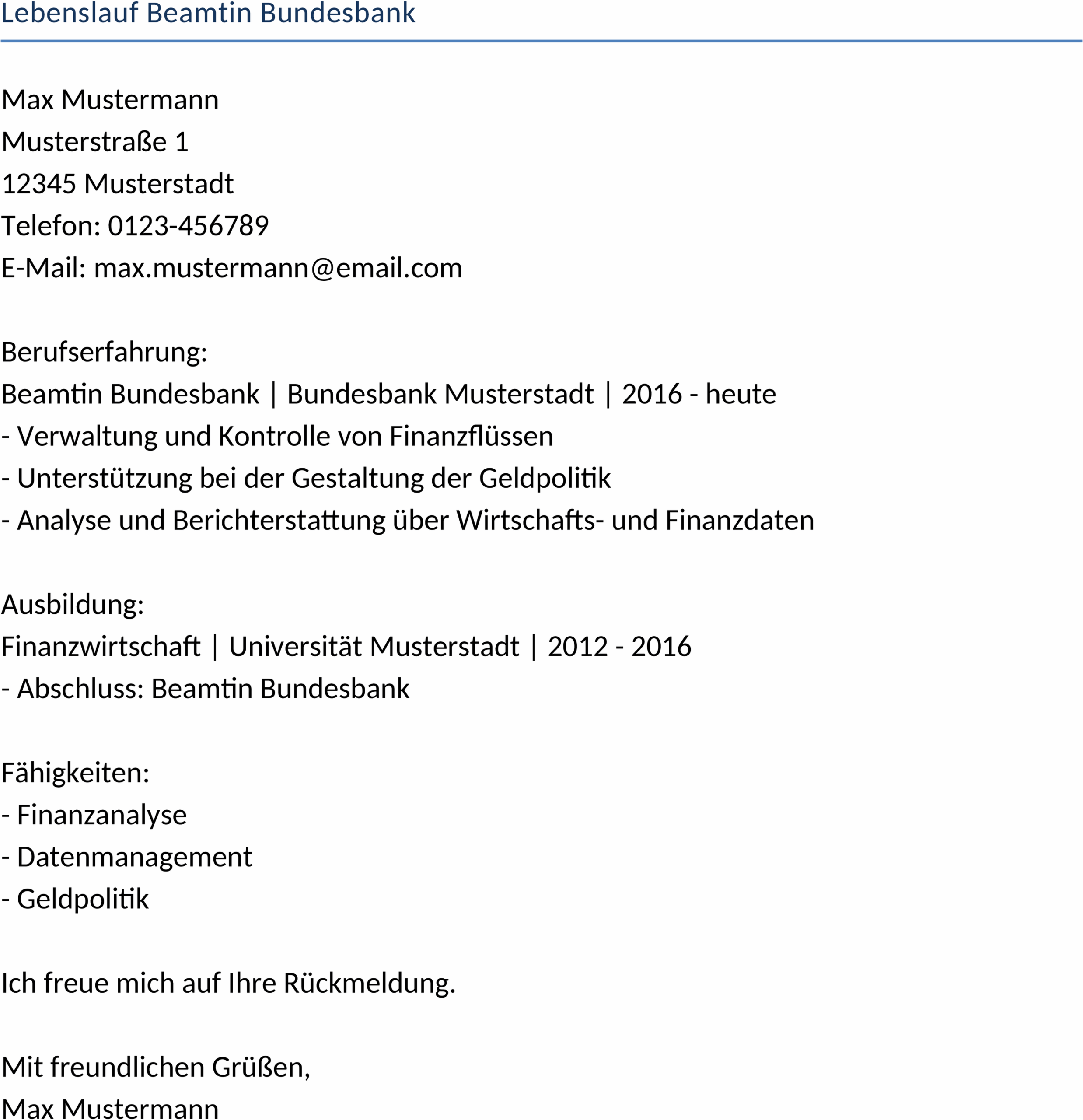 Lebenslauf Vorlage Beamtin Bundesbank