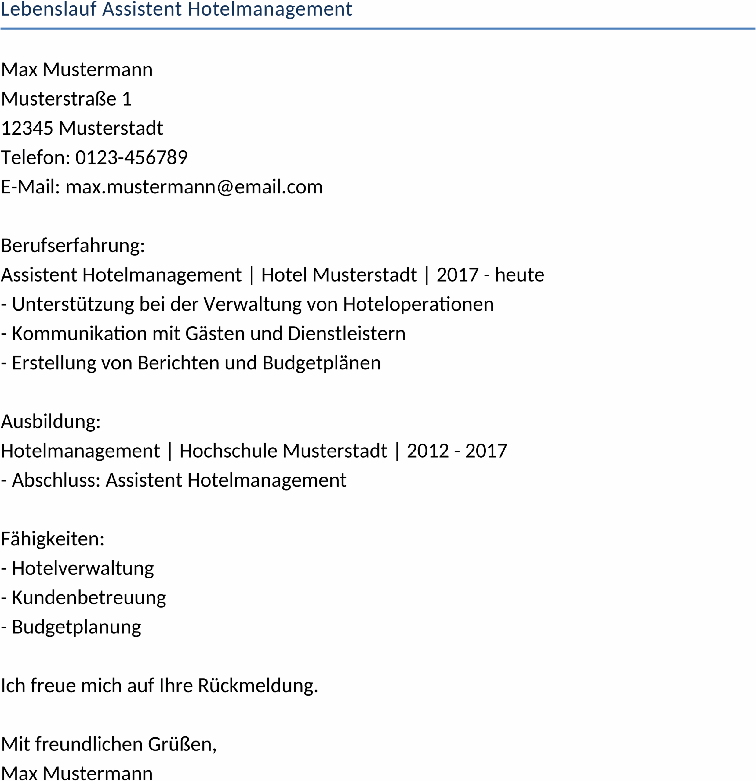 Lebenslauf Vorlage Hotelmanagement