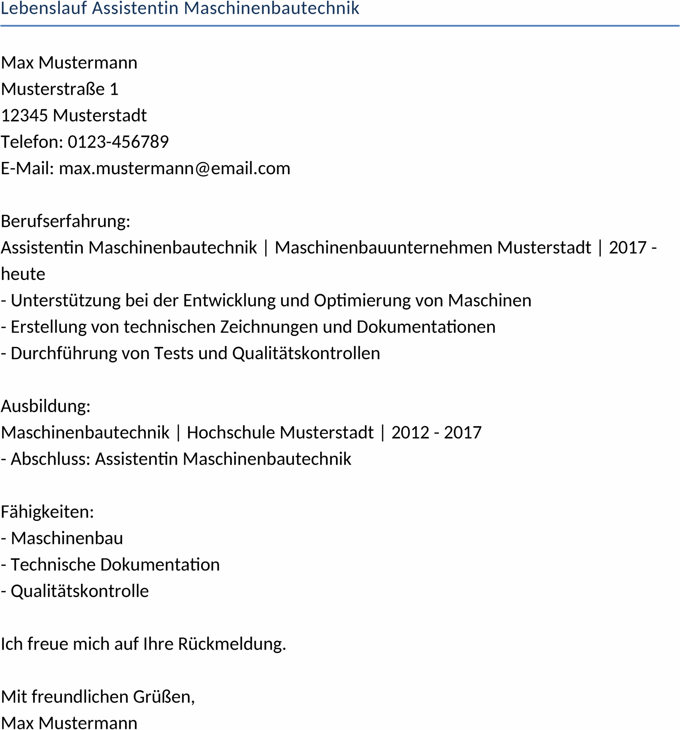 Lebenslauf Vorlage Maschinenbautechnik