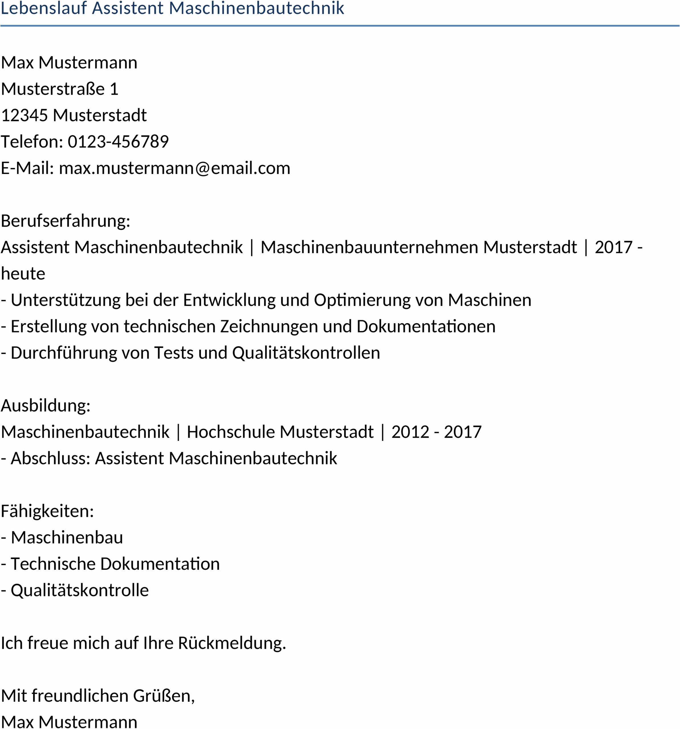 Lebenslauf Vorlage Maschinenbautechnik Word