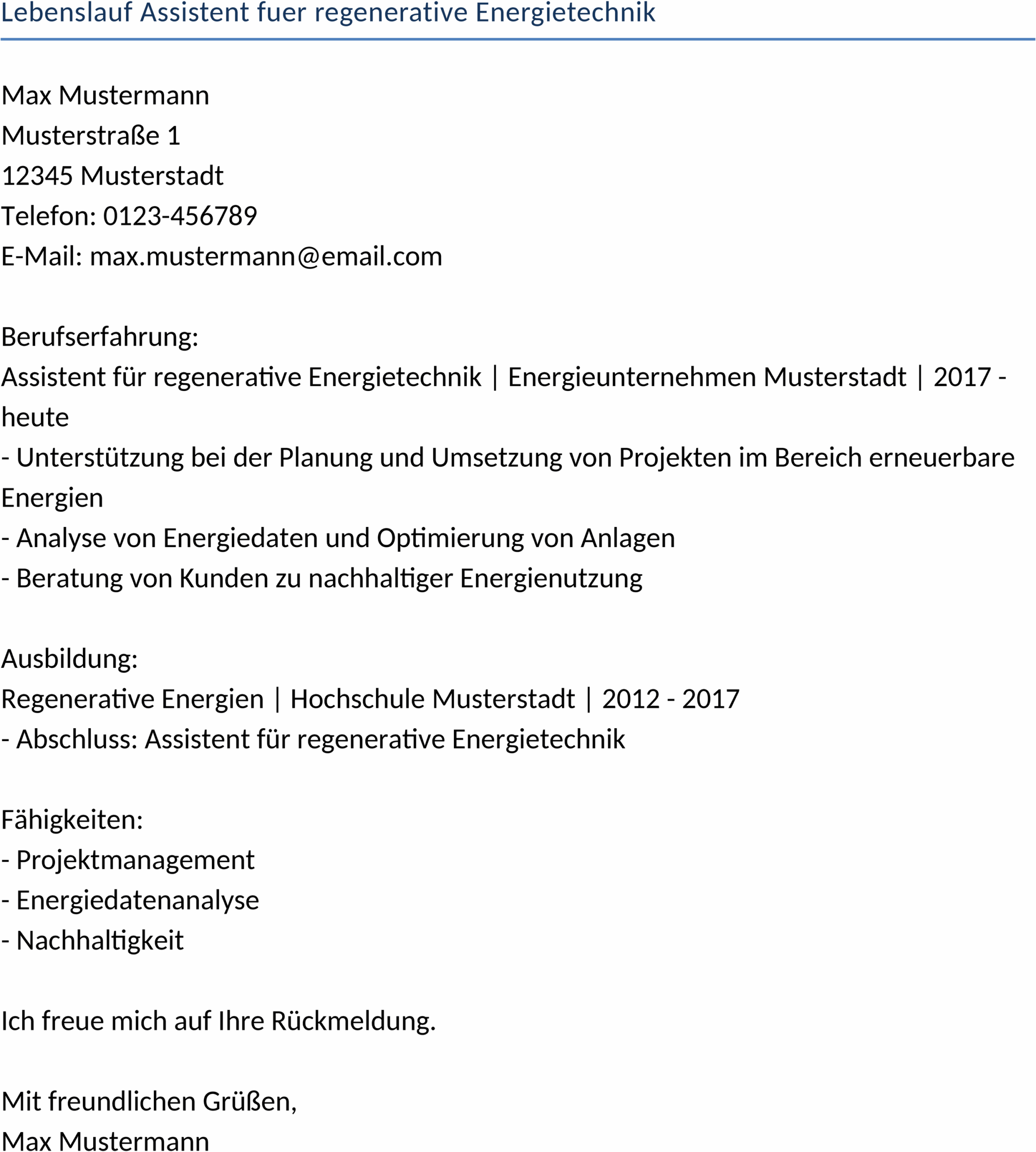 Lebenslauf-Vorlage für Regenerative Energietechnik