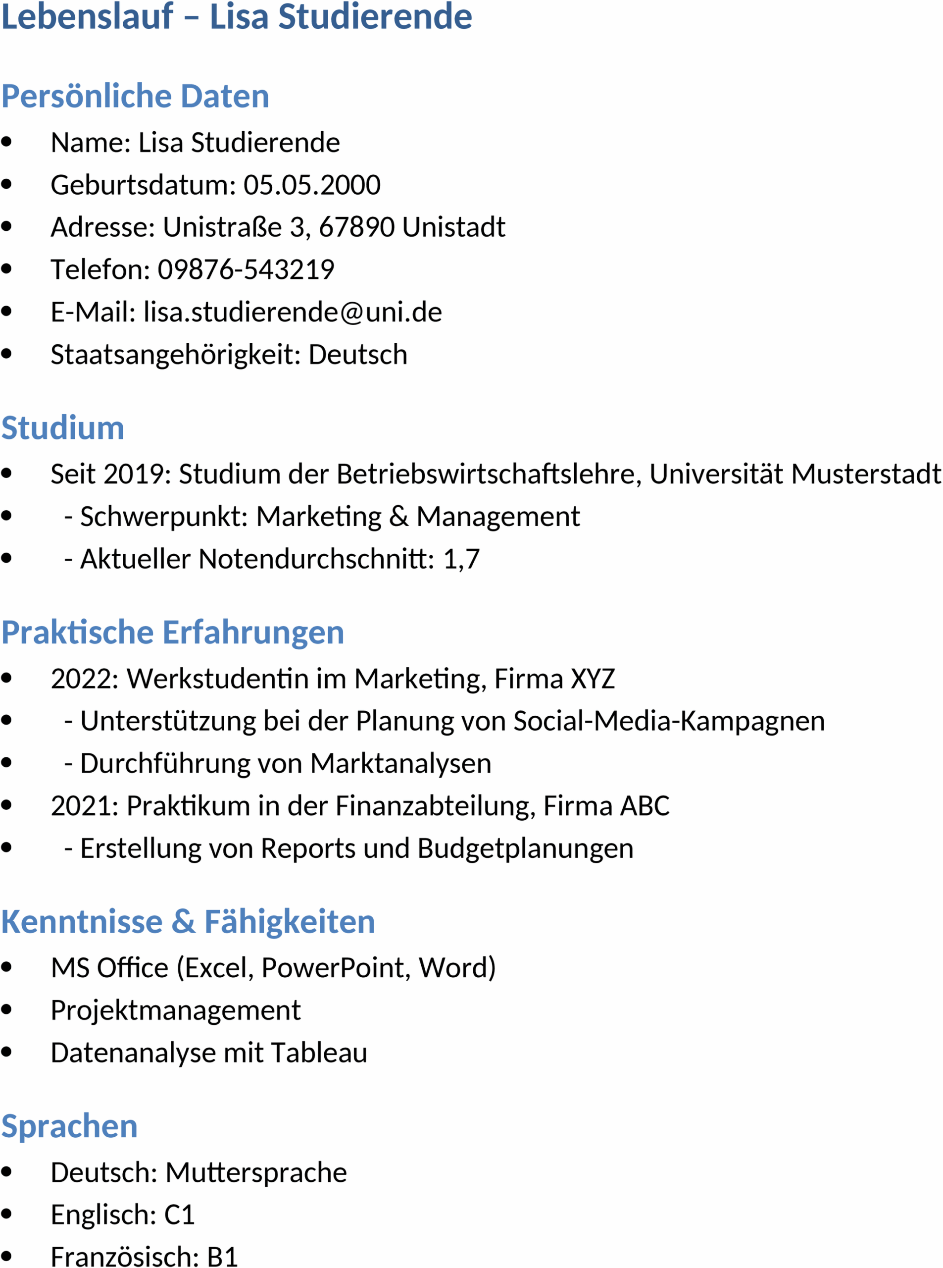Lebenslauf Vorlage für Studenten