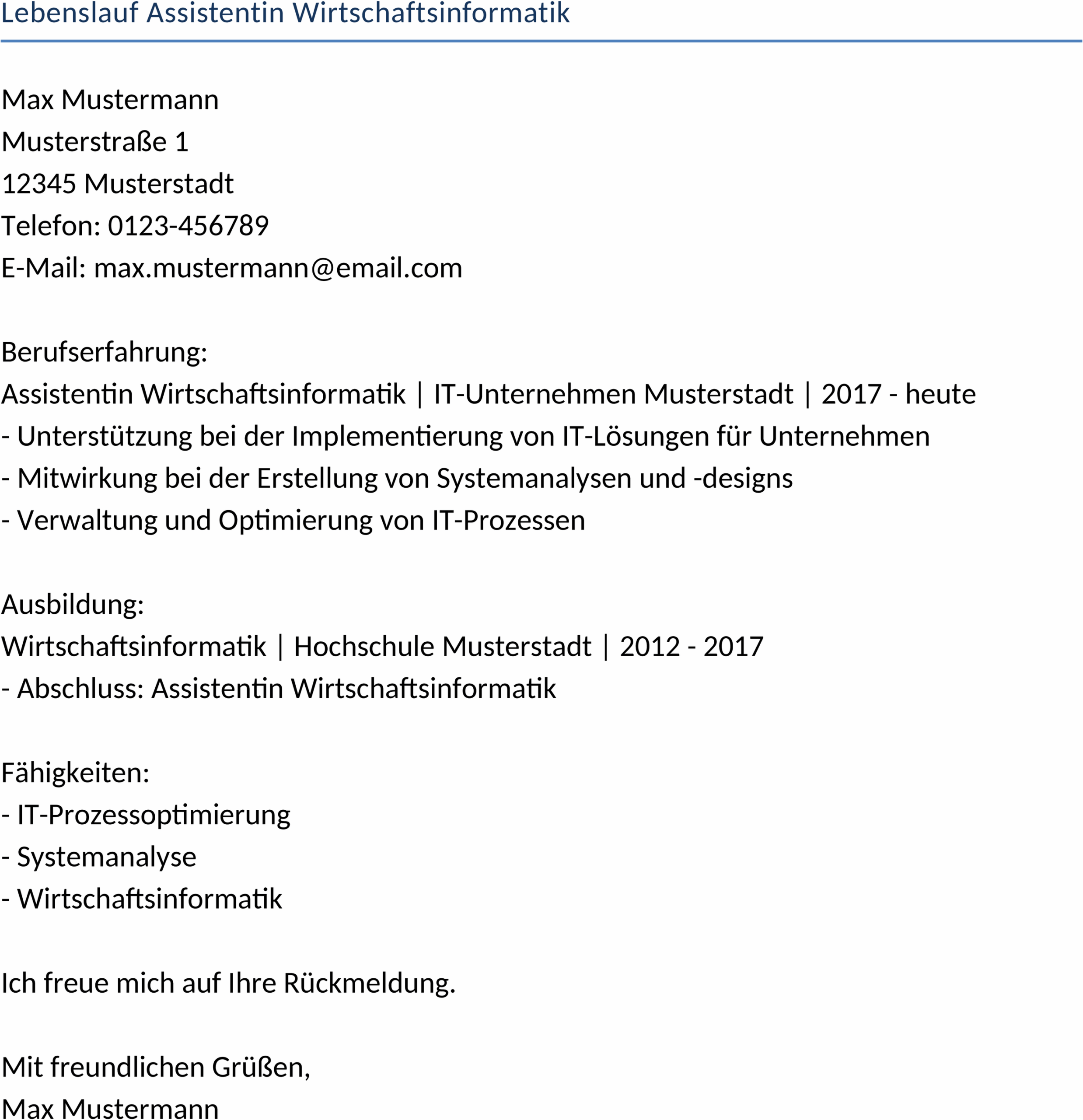 Lebenslauf-Vorlage Wirtschaftsinformatik Assistentin