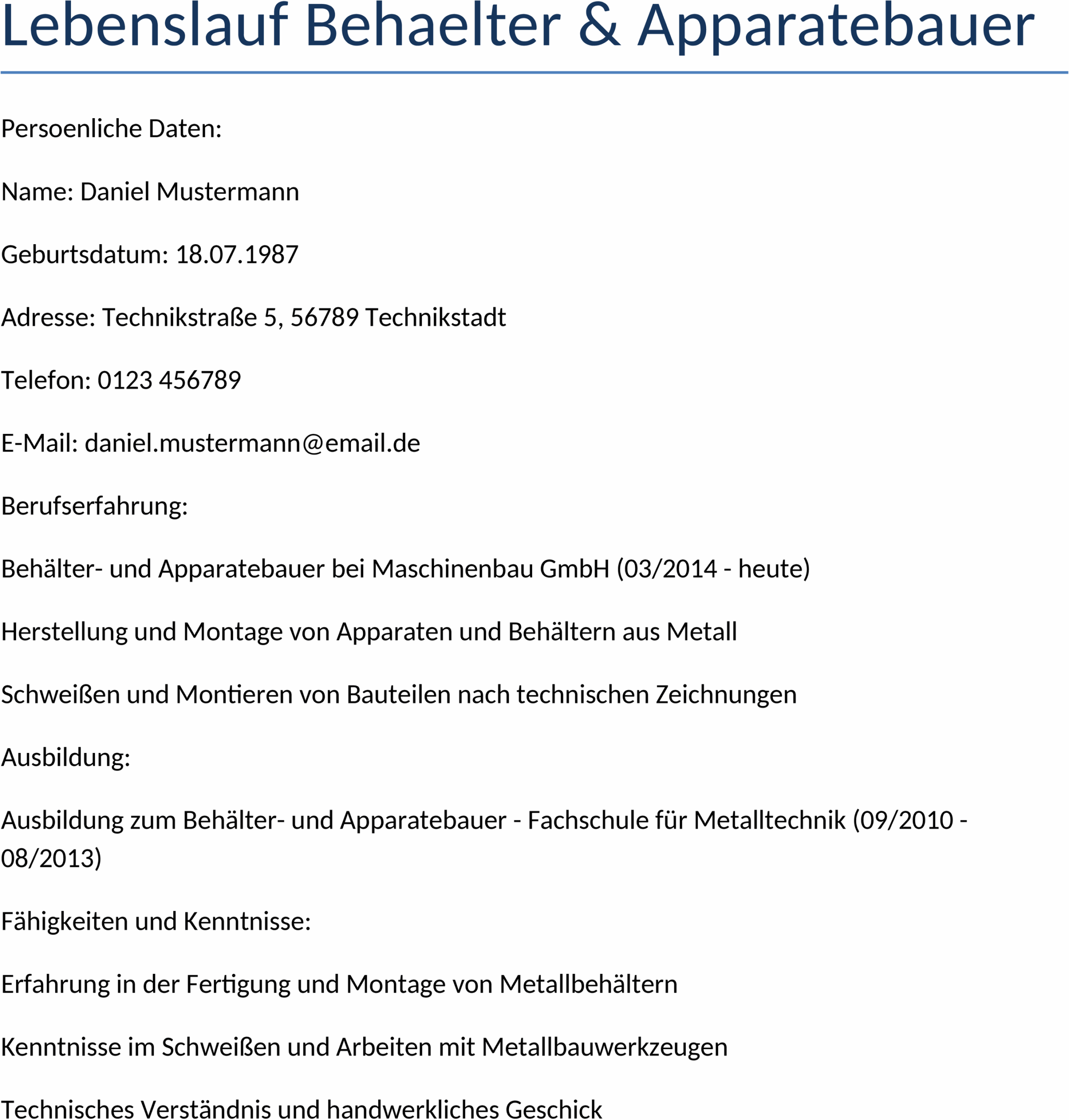 Lebenslauf-Word-Vorlage für Apparatebauer