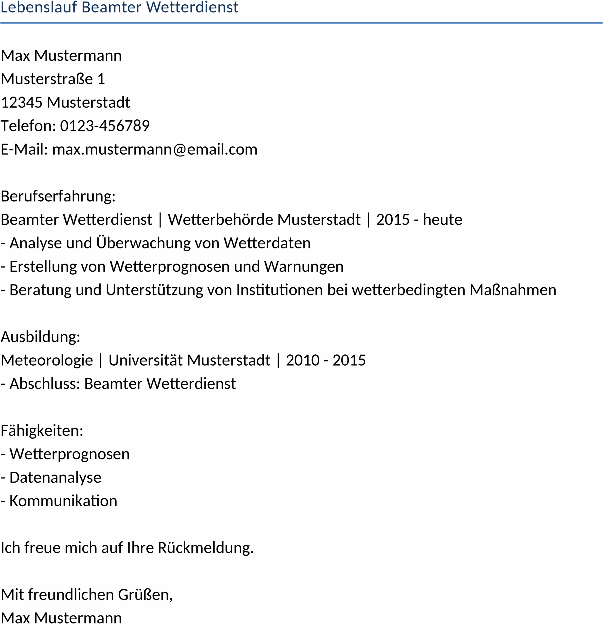 Lebenslauf Word-Vorlage für Beamte beim Wetterdienst