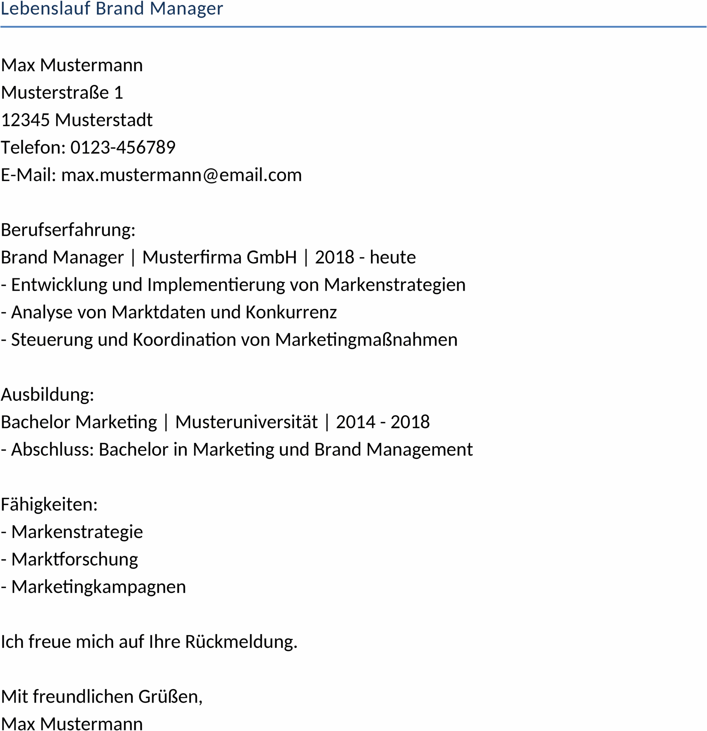 Lebenslauf Word-Vorlage für Brand Manager