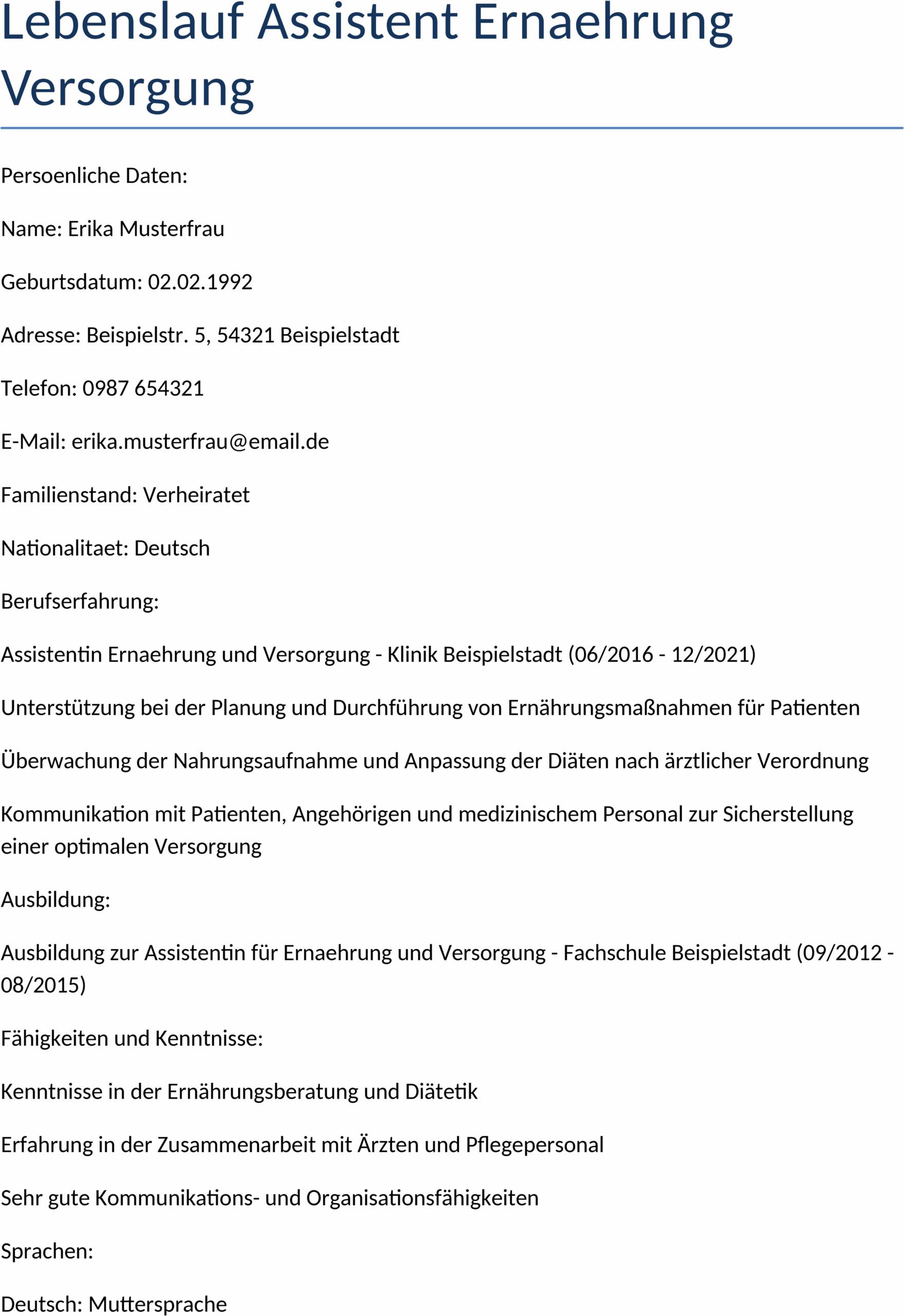 Lebenslauf-Word-Vorlage für Ernährung und Versorgung