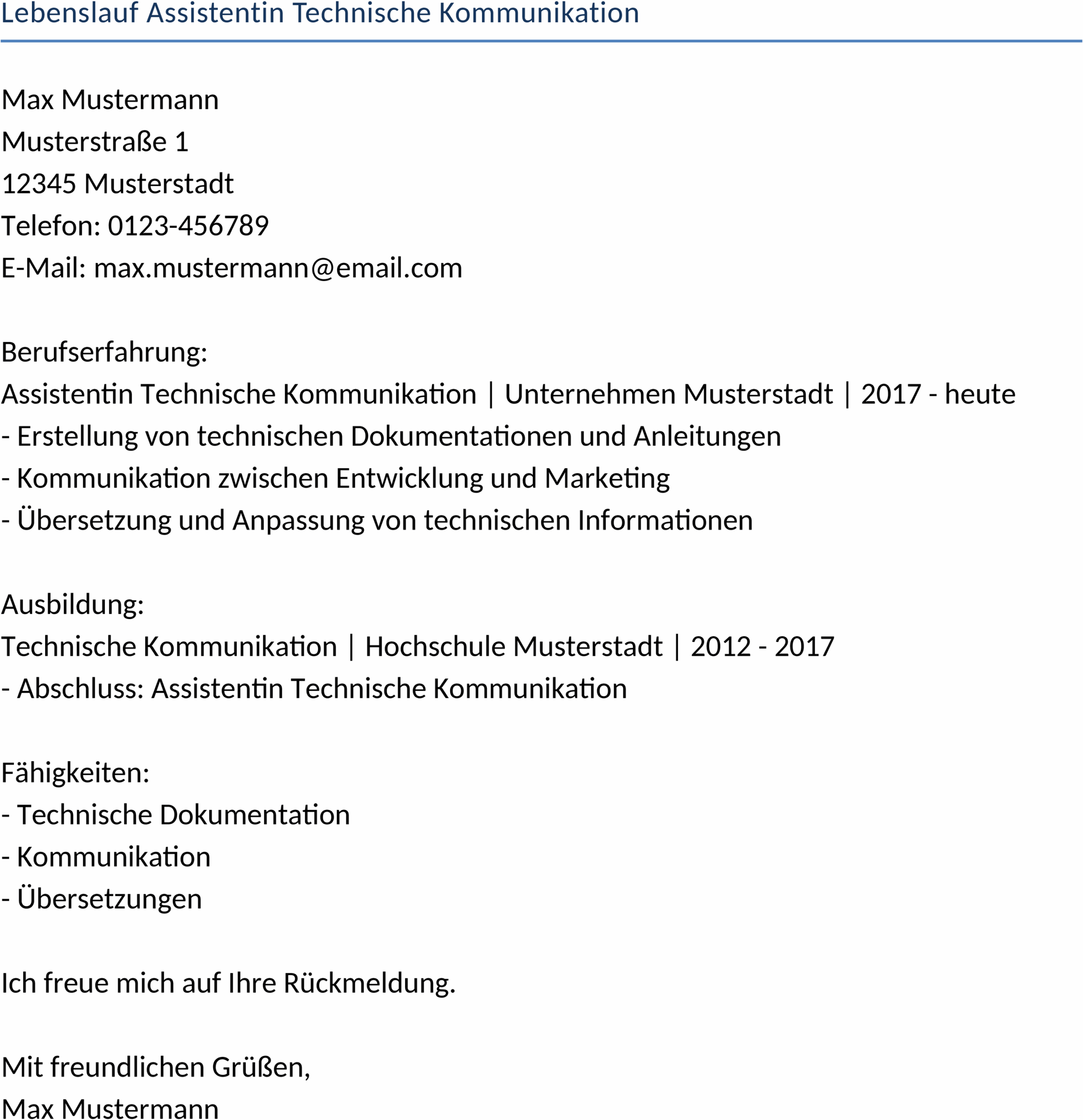 Lebenslauf-Word-Vorlage für Assistentin Technische Kommunikation