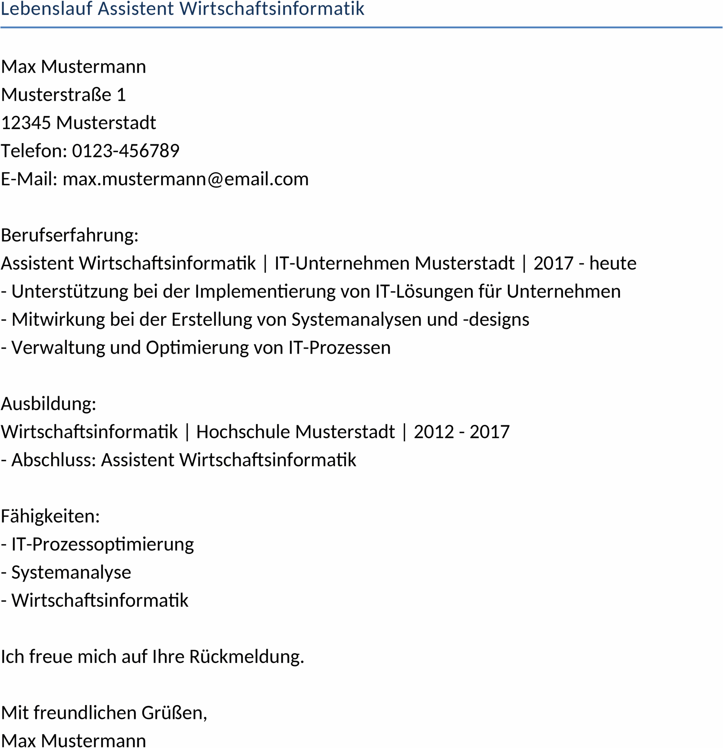 Lebenslauf Word-Vorlage für Wirtschaftsinformatiker