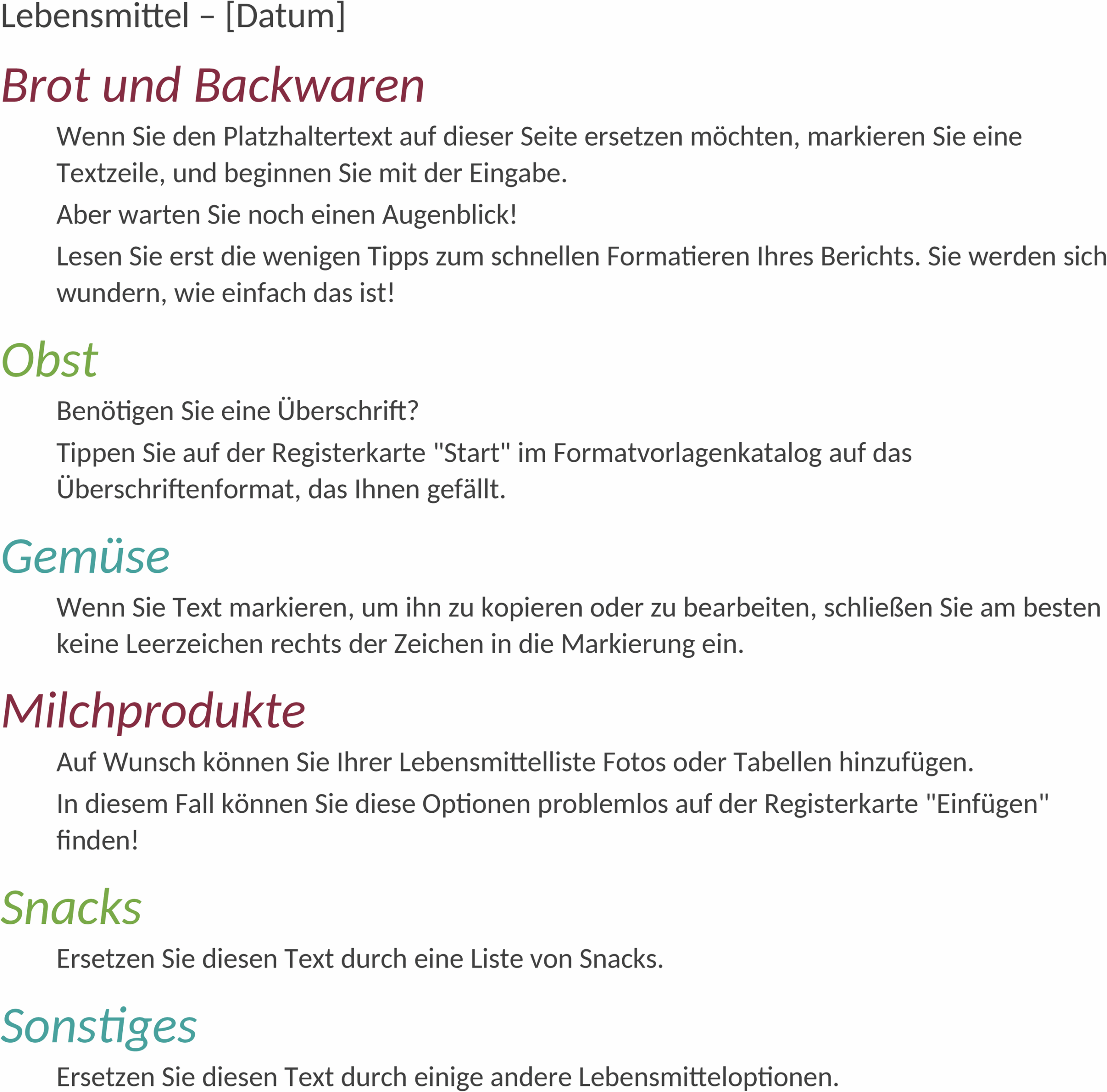 Lebensmittelliste im Word-Format