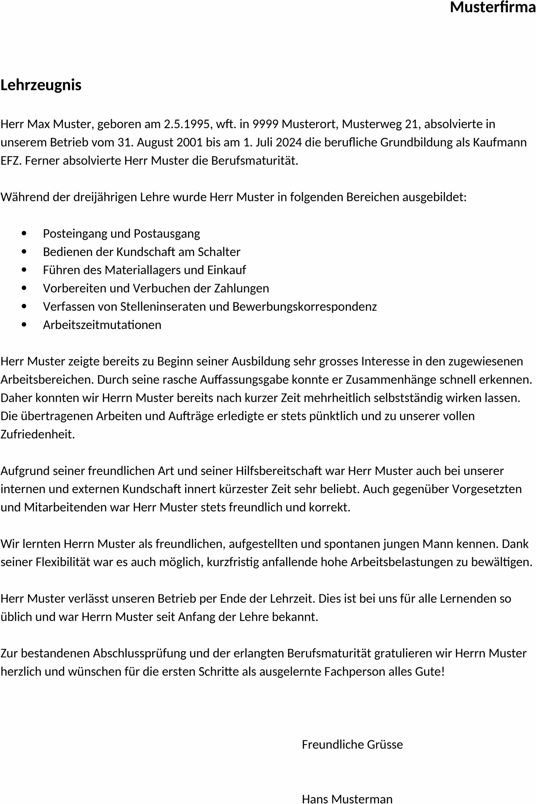 Lehrzeugnis Vorlage Kaufmann