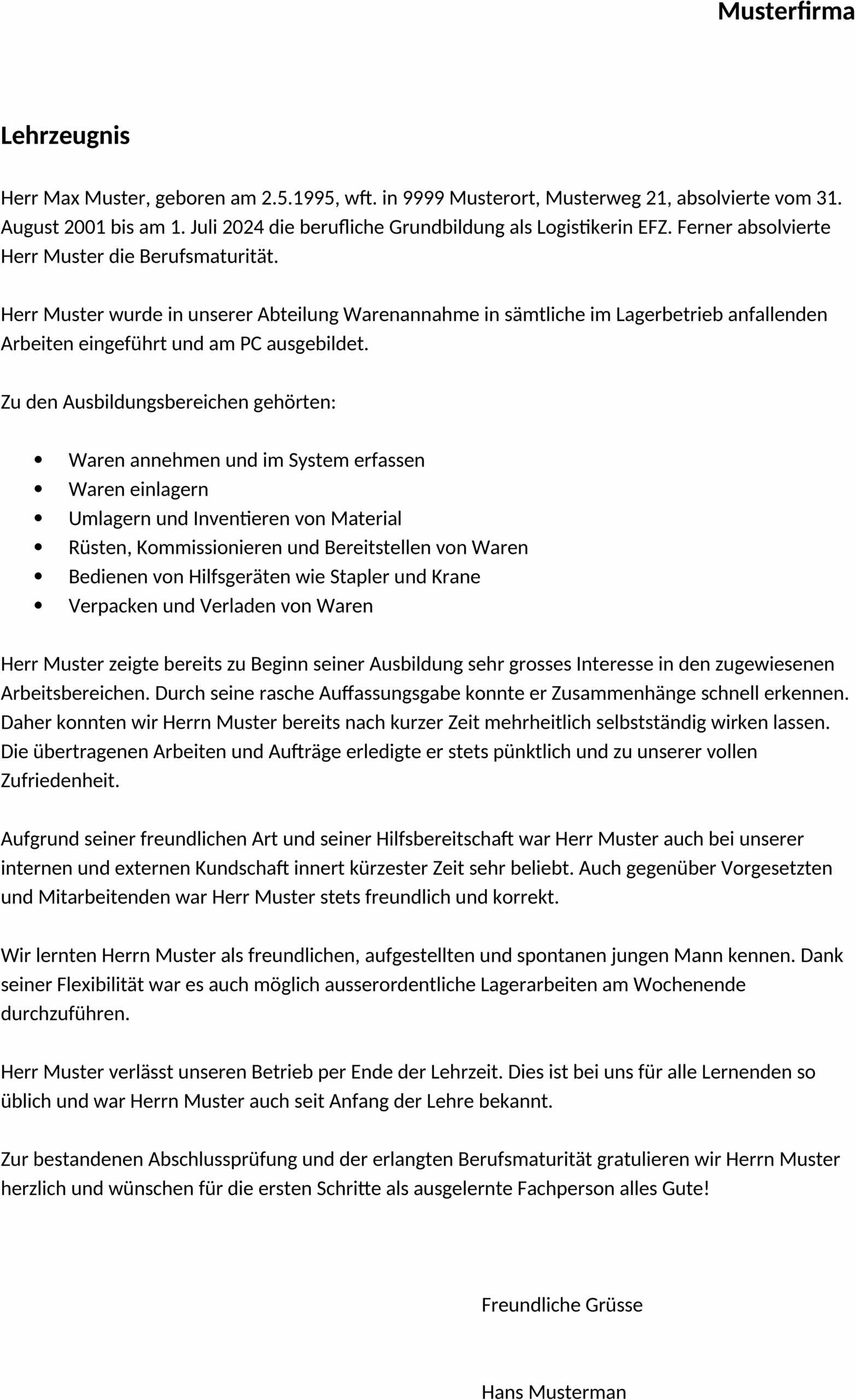 Word Lehrzeugnis Vorlage Logistiker
